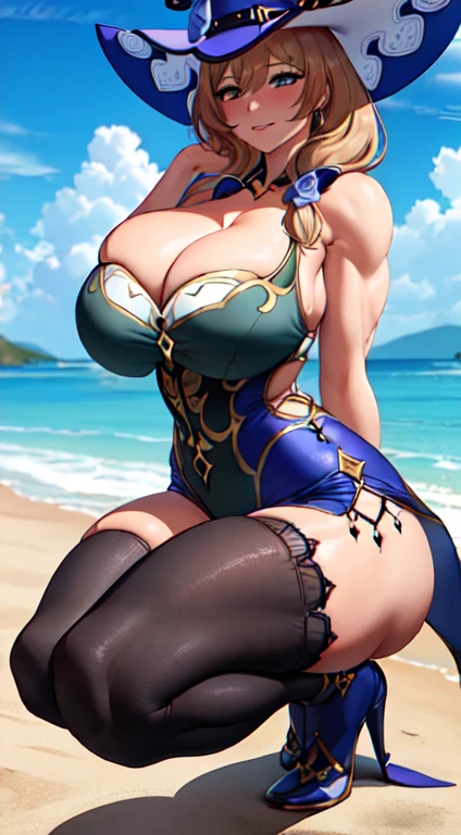 lisa,Genshin Impact ,blush,witch hat,squatting on the ground,tmasterpiece,Huge stacked breasts,The kinky exposed ,(Surreal breasttremely full breasts)),((Super large)),Big breasts Thin waist,(((Extremely large breasts))),seductiv,High detail,hyper qualit,high resolution,8K,8k smooth,(reality: 1.2),(Highly realistic,Ultra-realistic,photograph realistic),(Realism: 1.2),Solo,(Perfect feminine curveig breasts:2),(Huge breasts:2),(gigantic cleavage breasts:2),(Large breasts:2),(Bare tits:1.4),(chiseled abs : 1.1),Nice strong legs,,(Curvy:1.1),Narrow waist,(gigantic hip:1),(Thick thighs:1),(Thick legs:1),Muscular,(body builder:1.5)