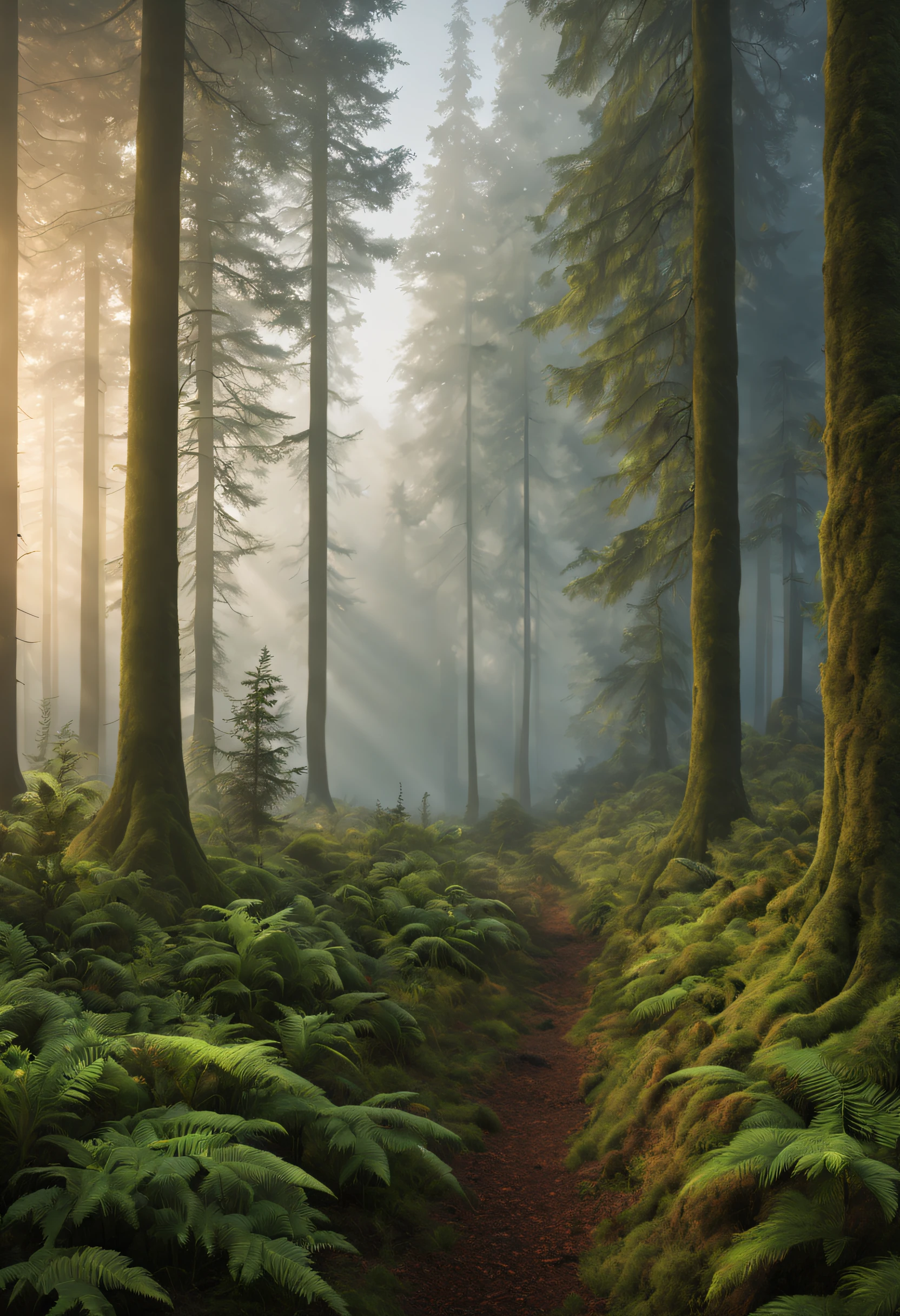 (best quality,4k,8k,highres,masterpiece:1.2),ultra-detailed,(realistic,photorealistic,photo-realistic:1.37),misty forest at dawn,tall trees stretching towards the sky,first light breaking over distant hills,moss and ferns carpeting the forest floor,fog drifting among the trunks,natural materials,soft,subtle colors,gentle sunlight filtering through the forest canopy,peaceful atmosphere