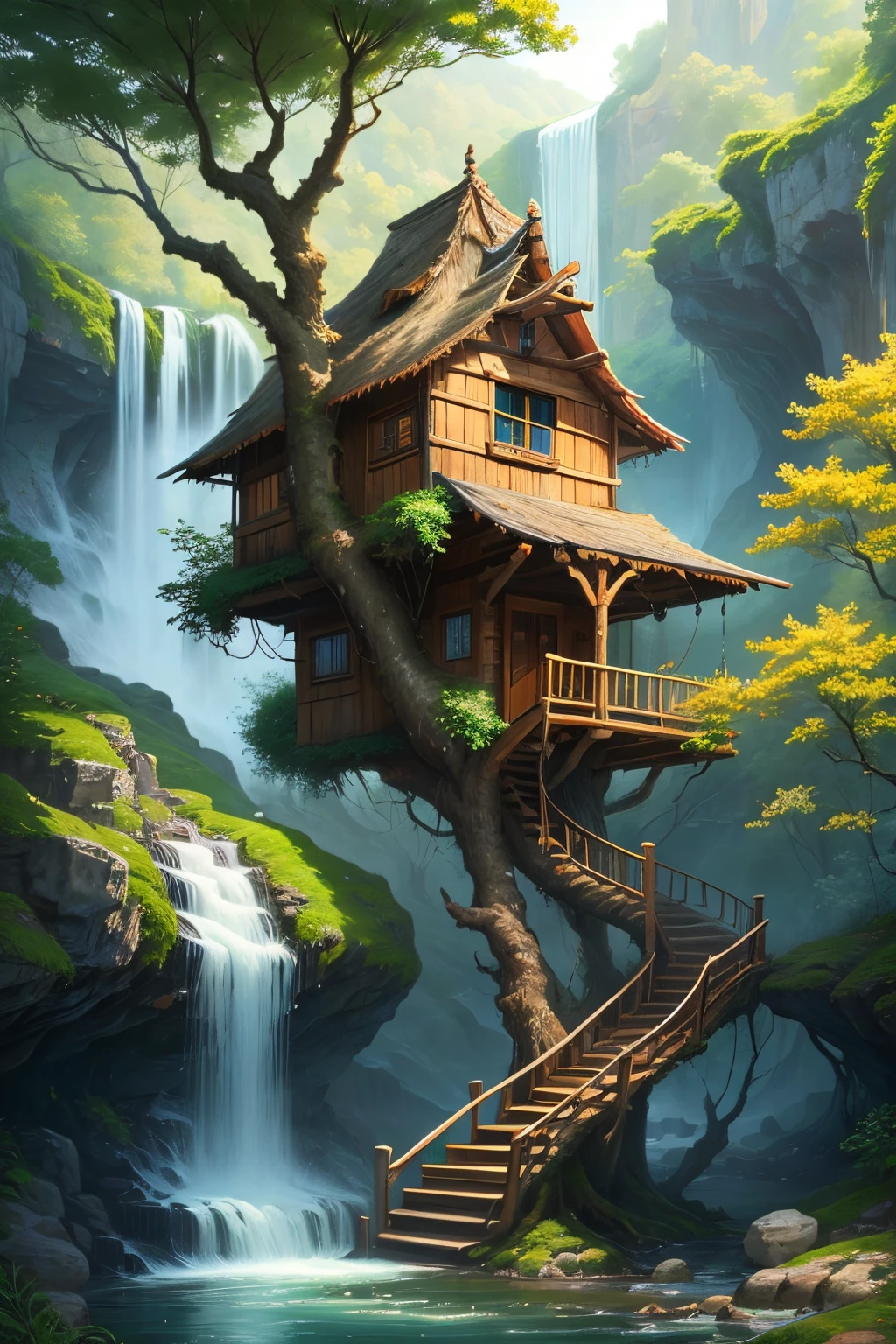 Realistic beautiful tree house near waterfall
