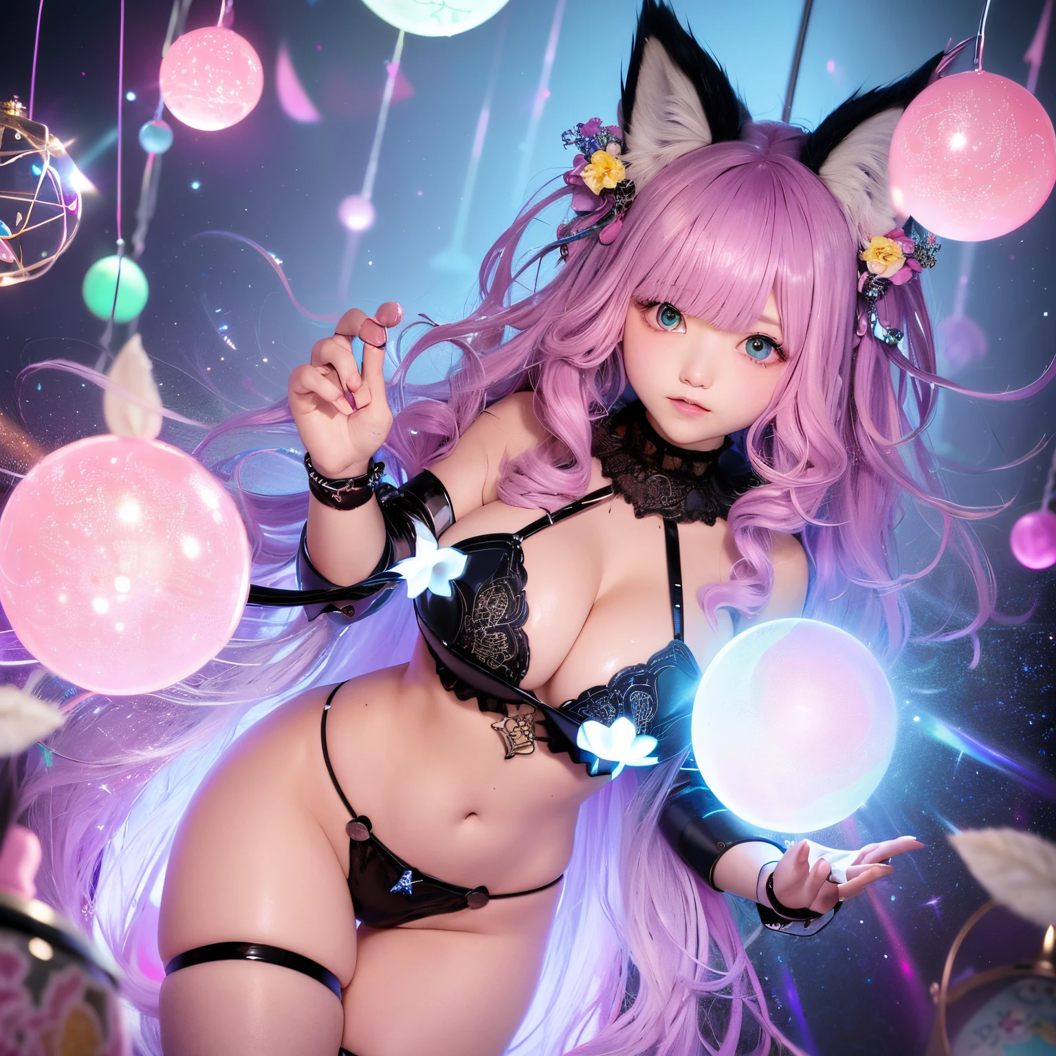 The upper part of the body、one girls、I have blue hair color、Two-tone、(Pink Highlight Hair、Curly hair,Fluffy fox ears、very Bigger breasts、Sorcerer、Black Bra(highlight flower print)、Has a shining wand、Shining magic circle、Countless glowing spheres float、Glowing soap bubbles、shining glass ball、shining chandelier