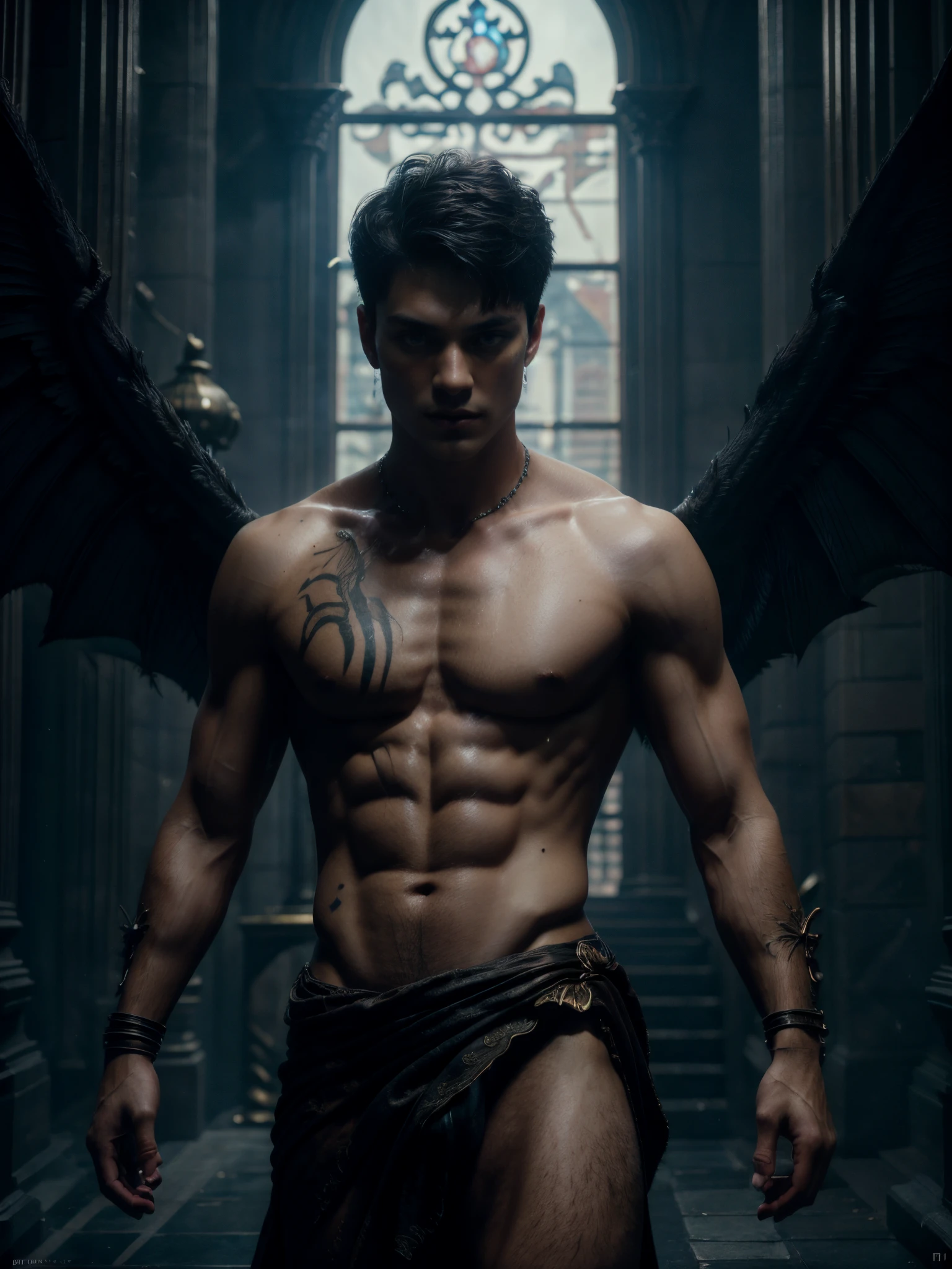 ((masterpiece)),((bestquality)),8k, high detailed, ultra-detailed, Stylish Pose, real skin texture, cinematic lighting, 18 year old male model, handsome, cute looking, evil look, demon horns, white pale skin, blue eyes, short brown messy hair, strong jawline, masculine, defined fit body, hairless chest, shirtless, pantless, prince aesthetic. gothic architecture, burning ground, black massive huge demon wings, spartan loincloth,,, dim light, dark atmosphere, cinematic lighting, backlight, Depth of field, award-winning photography, elegant, hyperrealistic, octane render, unreal, high definition, 8k resolution, highly detailed, 8k uhd, professional lighting, photon mapping, radiosity, physically-based rendering