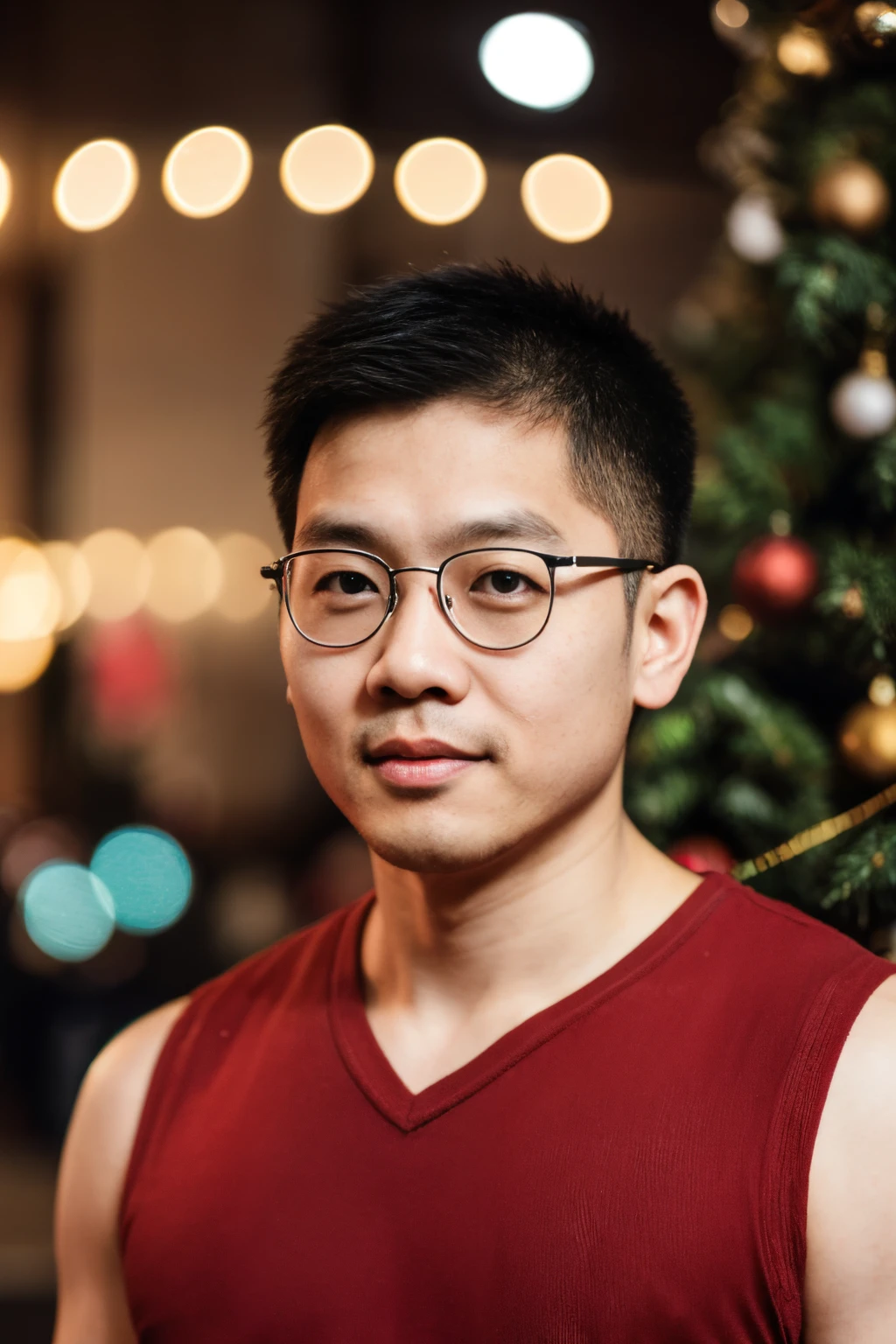 (((Andrew thomas huang, oval face, eyeglasses))), neat muscular, red sleeveless shirt, christmas tree background, bokeh