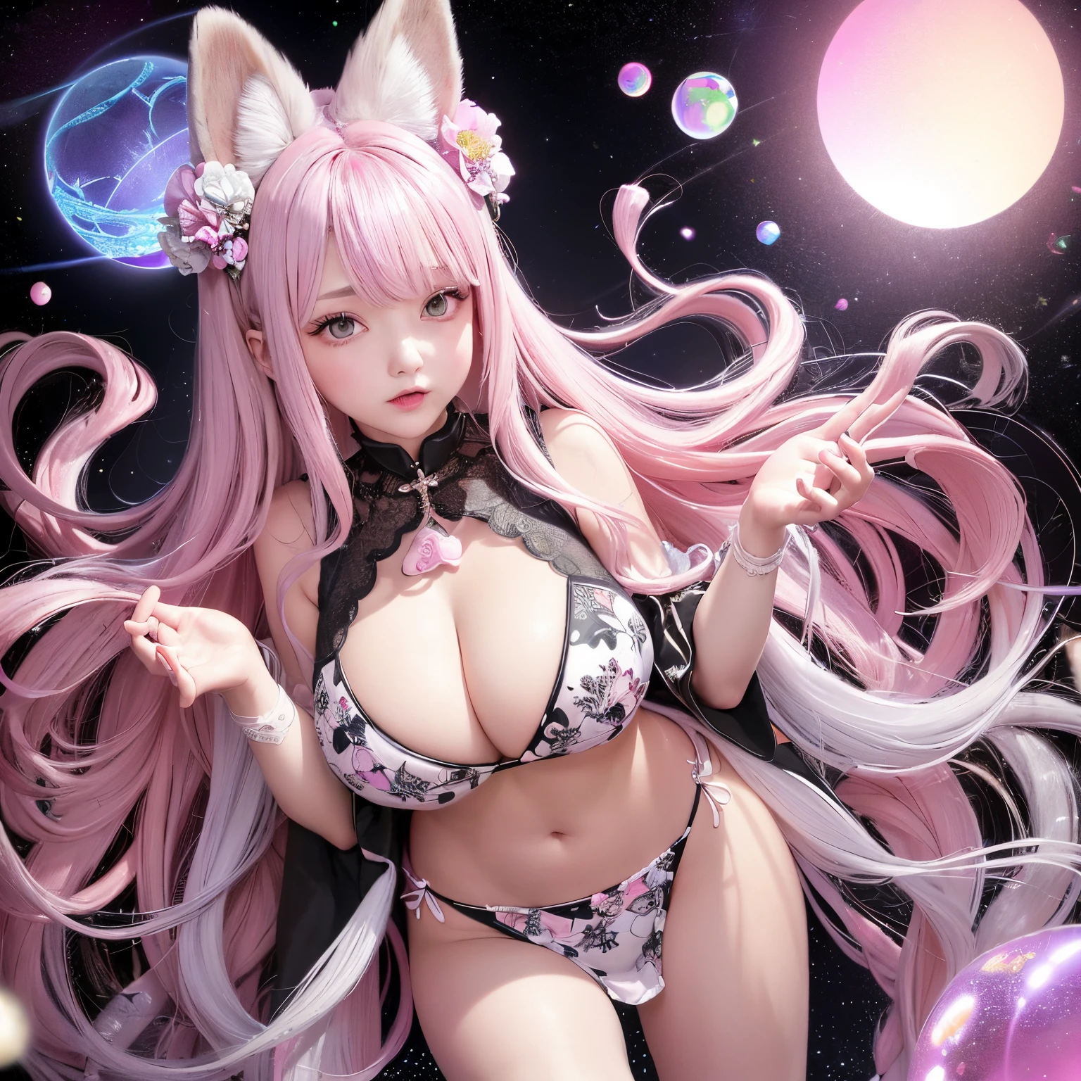 The upper part of the body、one girls、i have silver hair color、Two-tone、(Pink Highlight Hair、Curly hair，Fluffy fox ears、very Bigger breasts、Sorcerer、Black bra(highlight flower print)、Has a shining wand、Shining magic circle、Countless glowing spheres float、Glowing soap bubbles、Standing on a large sparkling glass ball