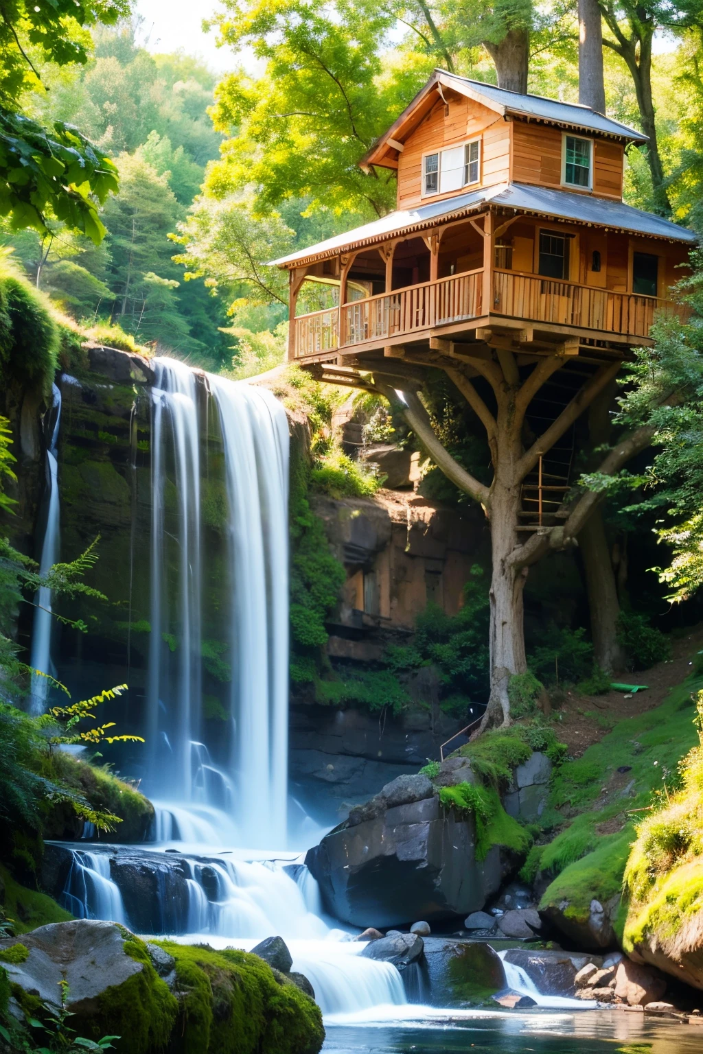 Realistic beautiful tree house near waterfall