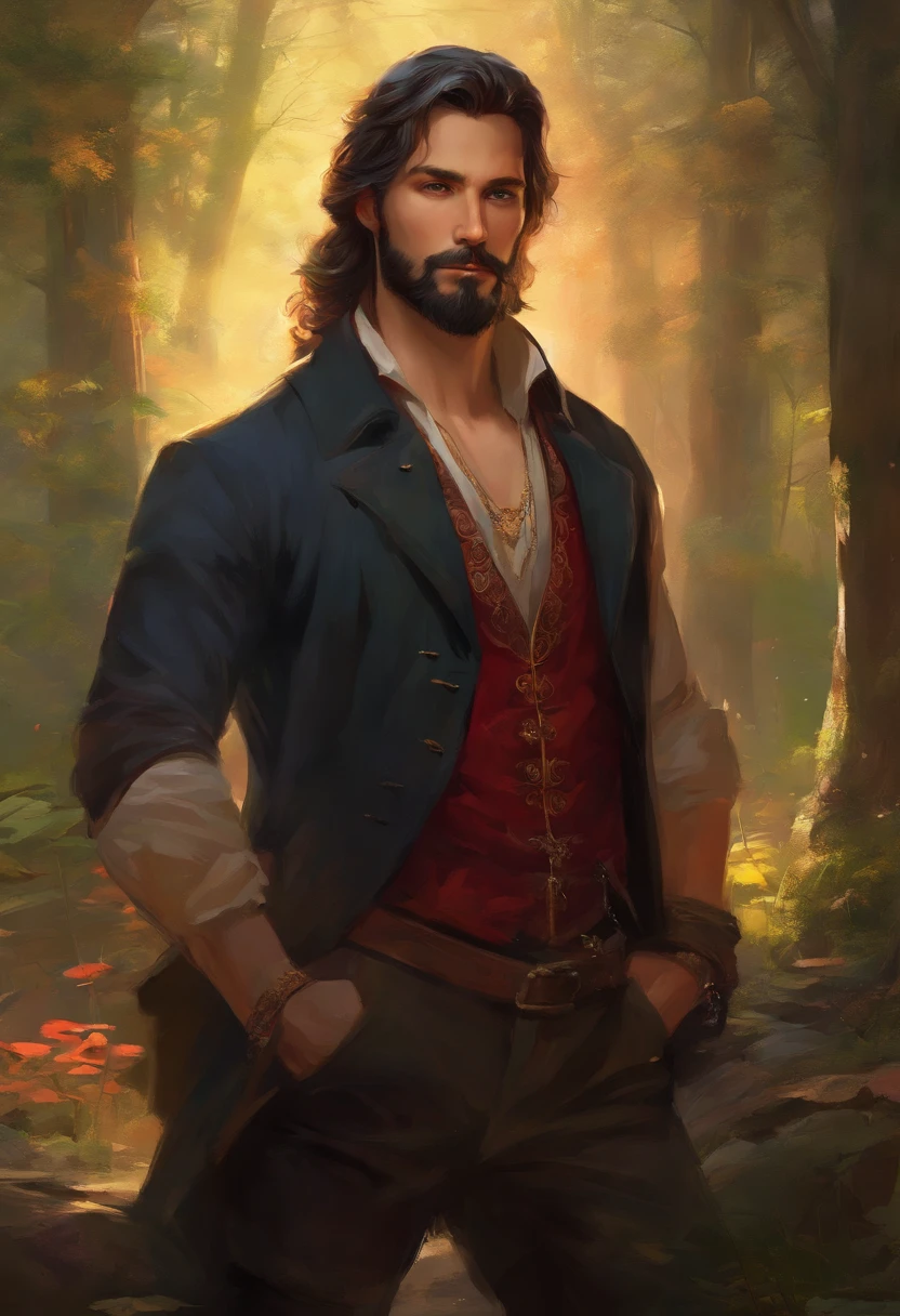 ((A very handsome man)), Beauty of God, with long black hair, blue eyes, beard, strong chest, manly and wearing a red shirt with a black embroidered vest over the shirt and black pants, Victorian Era style, looking at the camera , ((half-body shot)), ((in the background, a gypsy carriage in a forest)), Daeni Pin Style. [Daniel F. Gerhartz Style::0.5], UHD image, Rental, 8k, photorealism, epic lighting, sharp, realistic, romantic, focus
