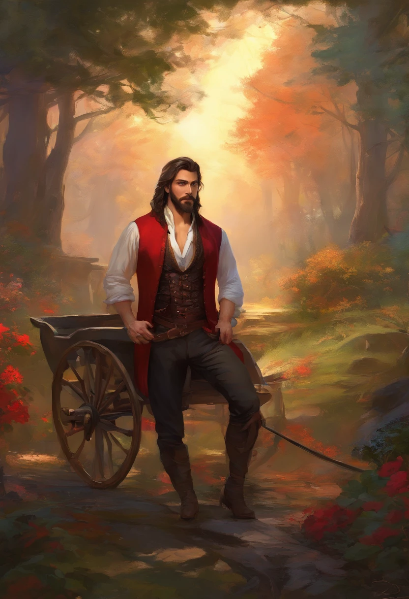((A very handsome man)), Beauty of God, with long black hair, blue eyes, beard, strong chest, manly and wearing a red shirt with a black embroidered vest over the shirt and black pants, Victorian Era style, looking at the camera , ((half-body shot)), ((in the background, a gypsy carriage in a forest)), Daeni Pin Style. [Daniel F. Gerhartz Style::0.5], UHD image, Rental, 8k, photorealism, epic lighting, sharp, realistic, romantic, focus