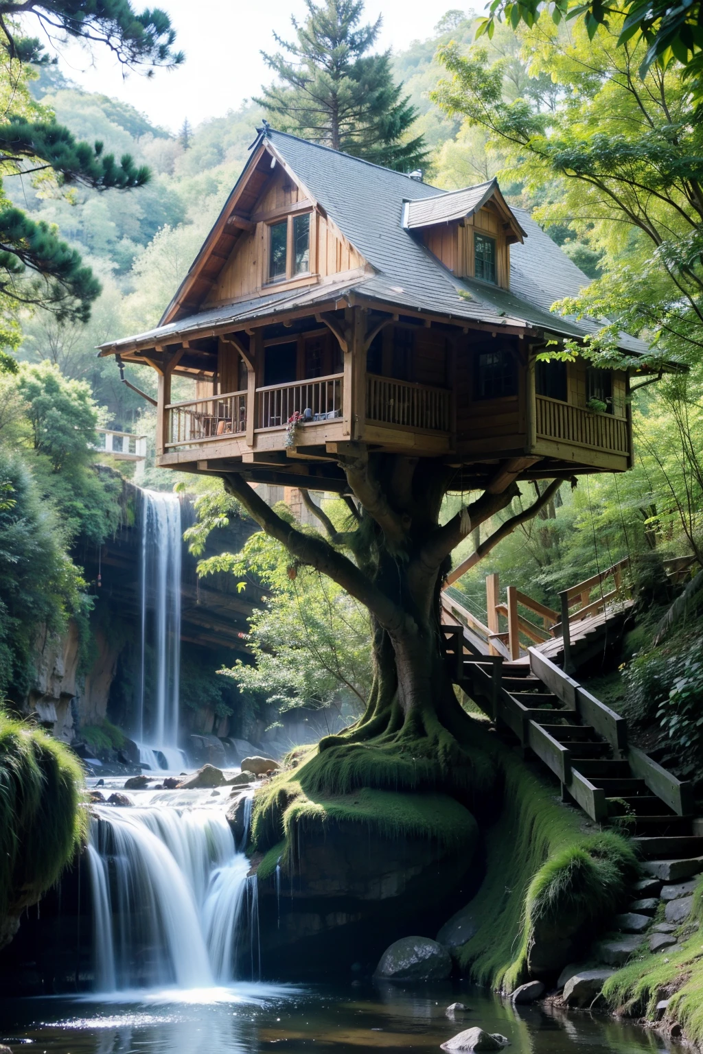 Realistic beautiful tree house near waterfall