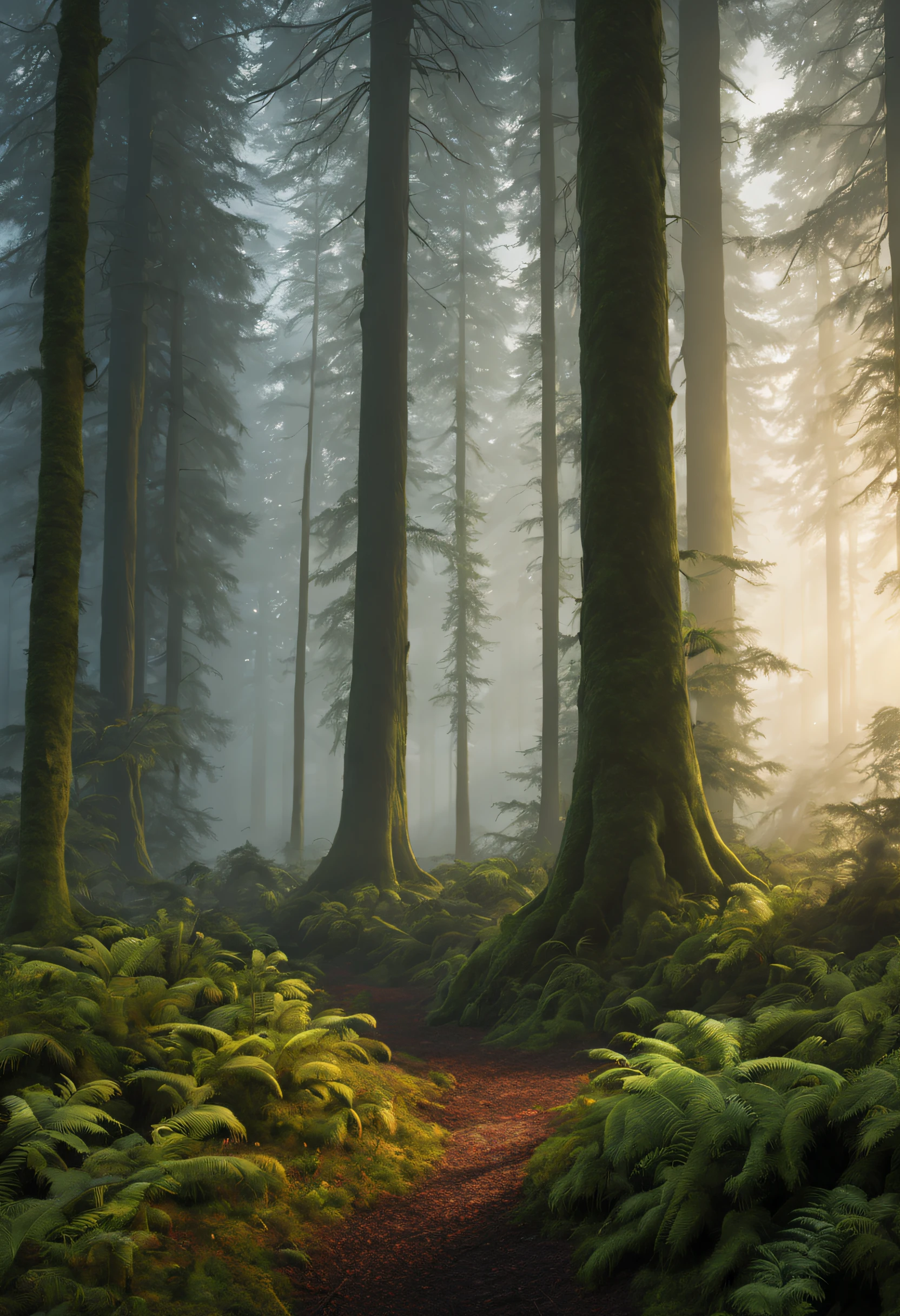 (best quality,4k,8k,highres,masterpiece:1.2),ultra-detailed,(realistic,photorealistic,photo-realistic:1.37),misty forest at dawn,tall trees stretching towards the sky,first light breaking over distant hills,moss and ferns carpeting the forest floor,fog drifting among the trunks,natural materials,soft,subtle colors,gentle sunlight filtering through the forest canopy,peaceful atmosphere