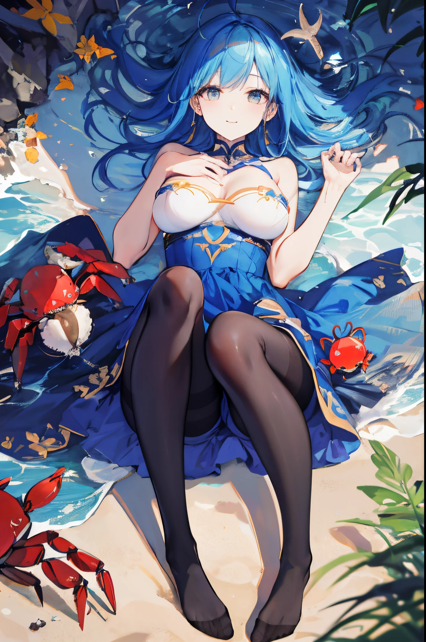 (actual),tmasterpiece,Best quality,电影灯光,(Aerial view of the satellite),naturalshadow,highest details,professional photoshooting,detailedbackground,depth of fields,insanely details,iintricate,Aesthetic,Detailed faces,sub surface scattering,Aerial view of the satellite,1 sister,Full body lesbian,light smile,big breasts enchanting,Blue hair.ahoge,(MD colorful),Straight dress,lie,Wet with,pretty legs、Nice butt and long legs、(Surreal pantyhose:1.2) sea beach, Small crabs, Eau,