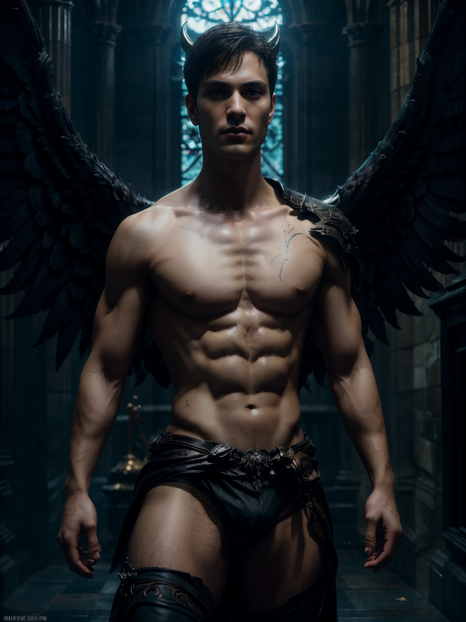 ((masterpiece)),((bestquality)),8k, high detailed, ultra-detailed, Stylish Pose, real skin texture, cinematic lighting, 18 year old male model, handsome, cute looking, evil look, demon horns, white pale skin, blue eyes, short brown messy hair, strong jawline, masculine, defined fit body, hairless chest, shirtless, pantless, prince aesthetic. gothic architecture, burning ground, (black massive huge Angel wings:1.2), spartan loincloth,,, dim light, dark atmosphere, cinematic lighting, backlight, Depth of field, award-winning photography, elegant, hyperrealistic, octane render, unreal, high definition, 8k resolution, highly detailed, 8k uhd, professional lighting, photon mapping, radiosity, physically-based rendering