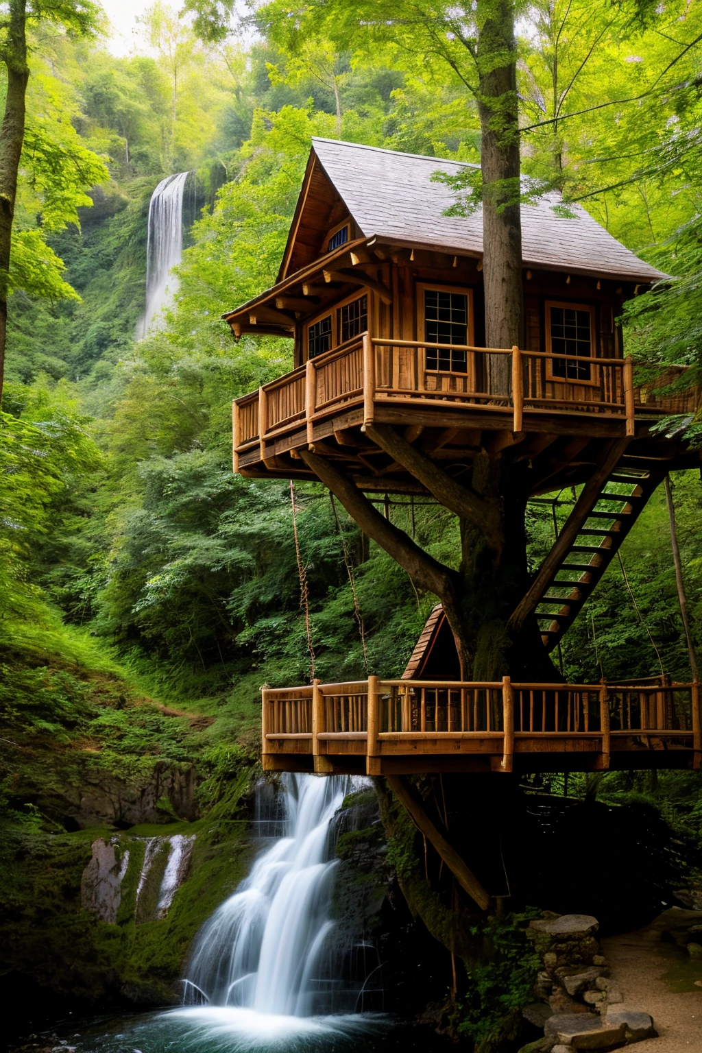 Realistic beautiful tree house near waterfall
