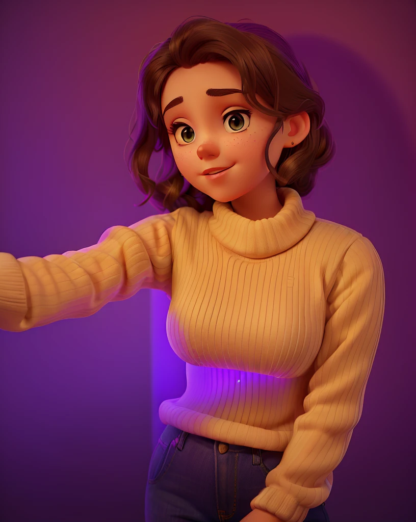 woman in a beige sweater, Hold the remote control, flashing colored lights, purple ambient light, Soft light from above, lofi portrait, Posing under dramatic lighting, Selfie of a young woman, The is very detailed, gentlesoftlighting, 8K selfie photo, Soft portrait shooting 8 K, Shot at night under studio lights, purple volumetric lighting, There are neon signs