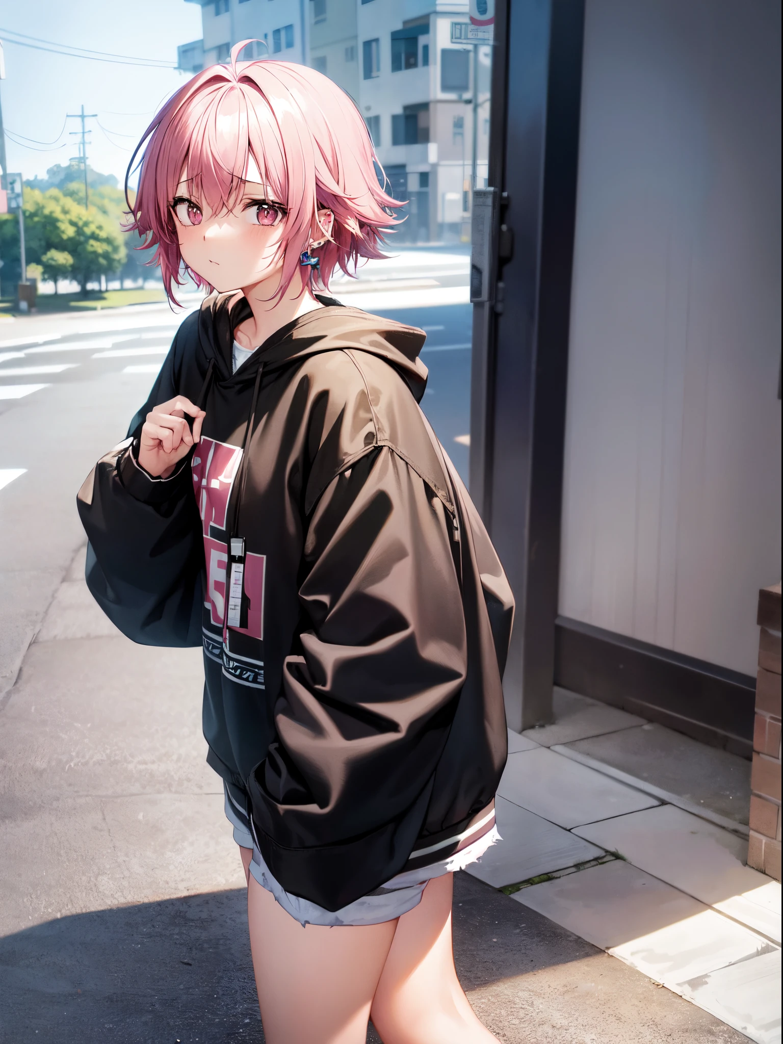 1girl, college aged, tomboy, short height, short messy fluffy hair, dyed-pink hair colour, brown-coloured roots in hair, anxious expression, depressed, flushed cheeks, gyaru appearance, gal appearance, ear piercings, oversized plain black hoodie, black plain short shorts, white sneakers, thick creamy thighs, large ample breasts, standing on Japanese rural sidewalk, morning