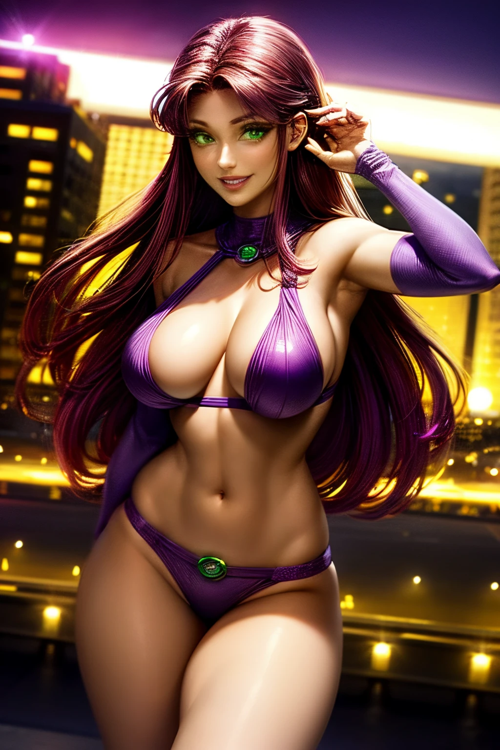 starfire wearing a purple bikini, beautiful body, flying in a city at night, cute smile, green eyes, cute, beautiful smooth hair