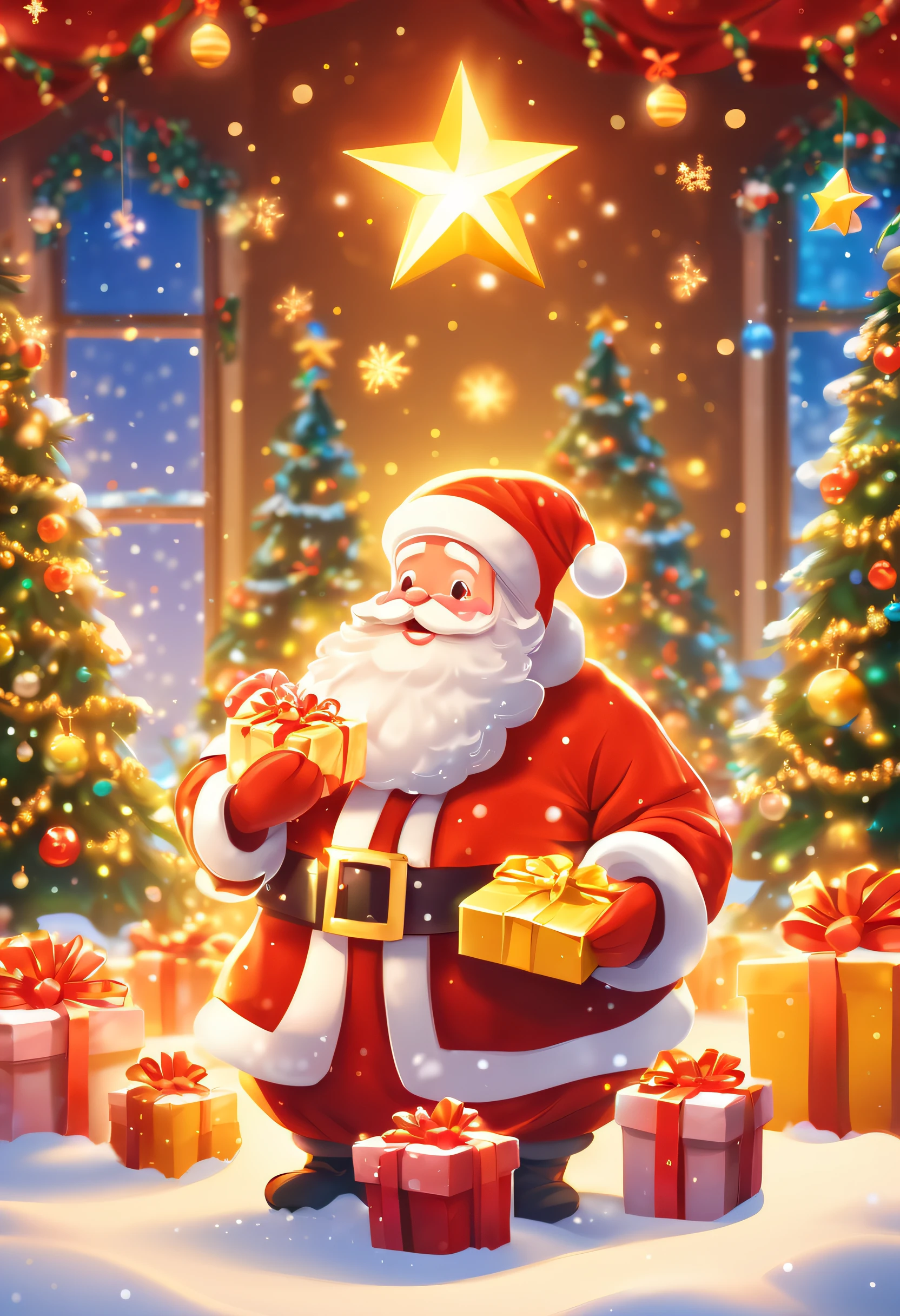 3 Rendering, christmas eve scene, There is a big Christmas tree in the middle of the poster, Decorate with colorful lights, star curtain in sky, and gift box on the snow. Cute and kind Santa Claus holding gifts, warm yellow background and bright night