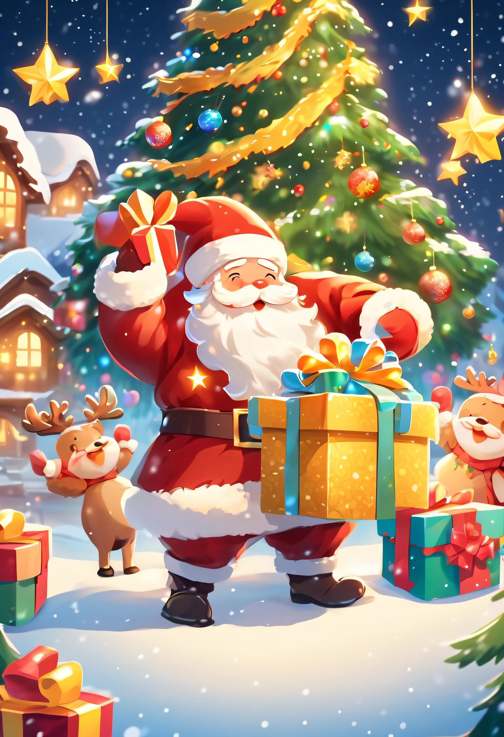 3 Rendering, christmas eve scene, There is a big Christmas tree in the middle of the poster, Decorate with colorful lights, star curtain in sky, and gift box on the snow. Cute and kind Santa Claus holding gifts, warm yellow background and bright night