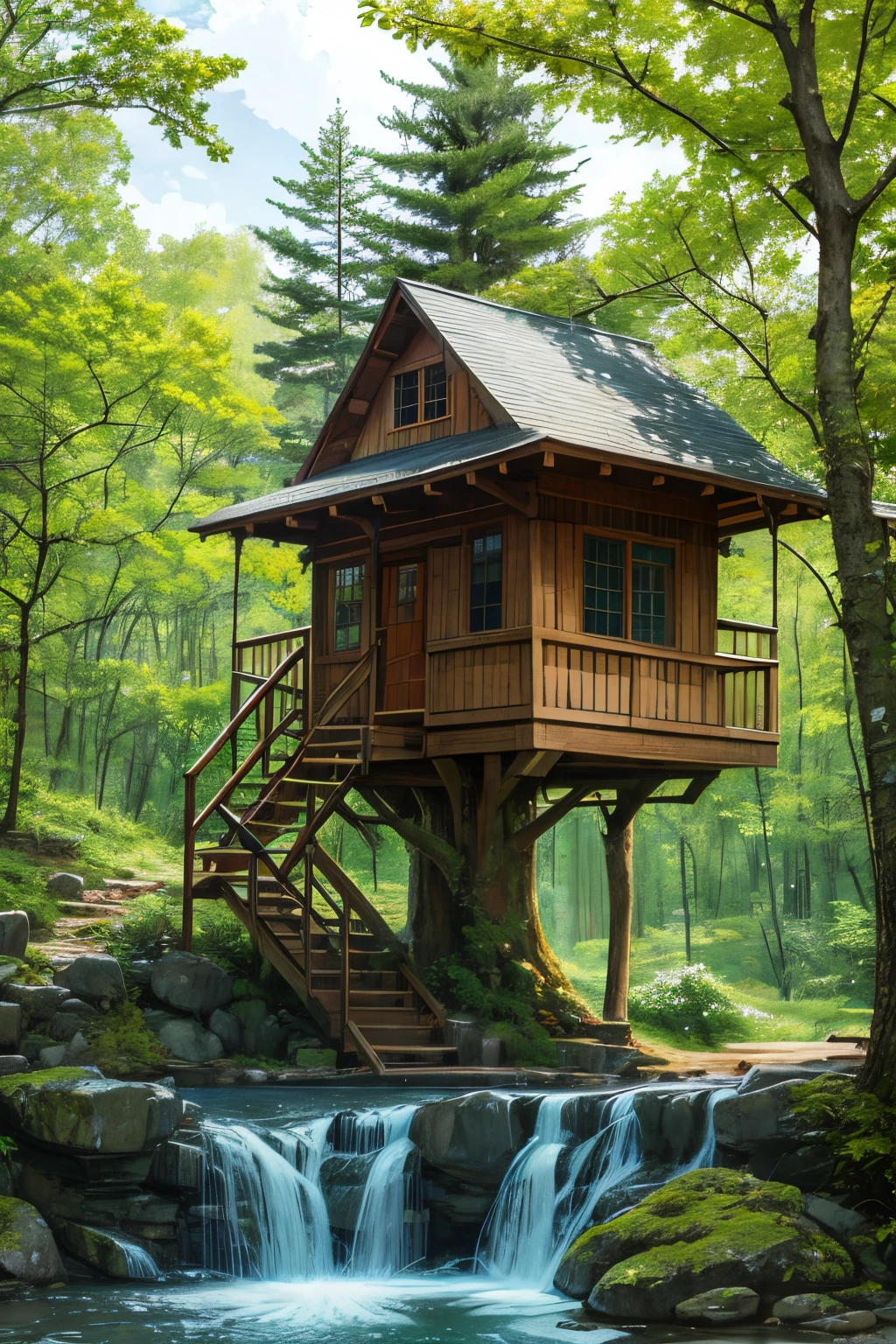 Realistic beautiful tree house near waterfall