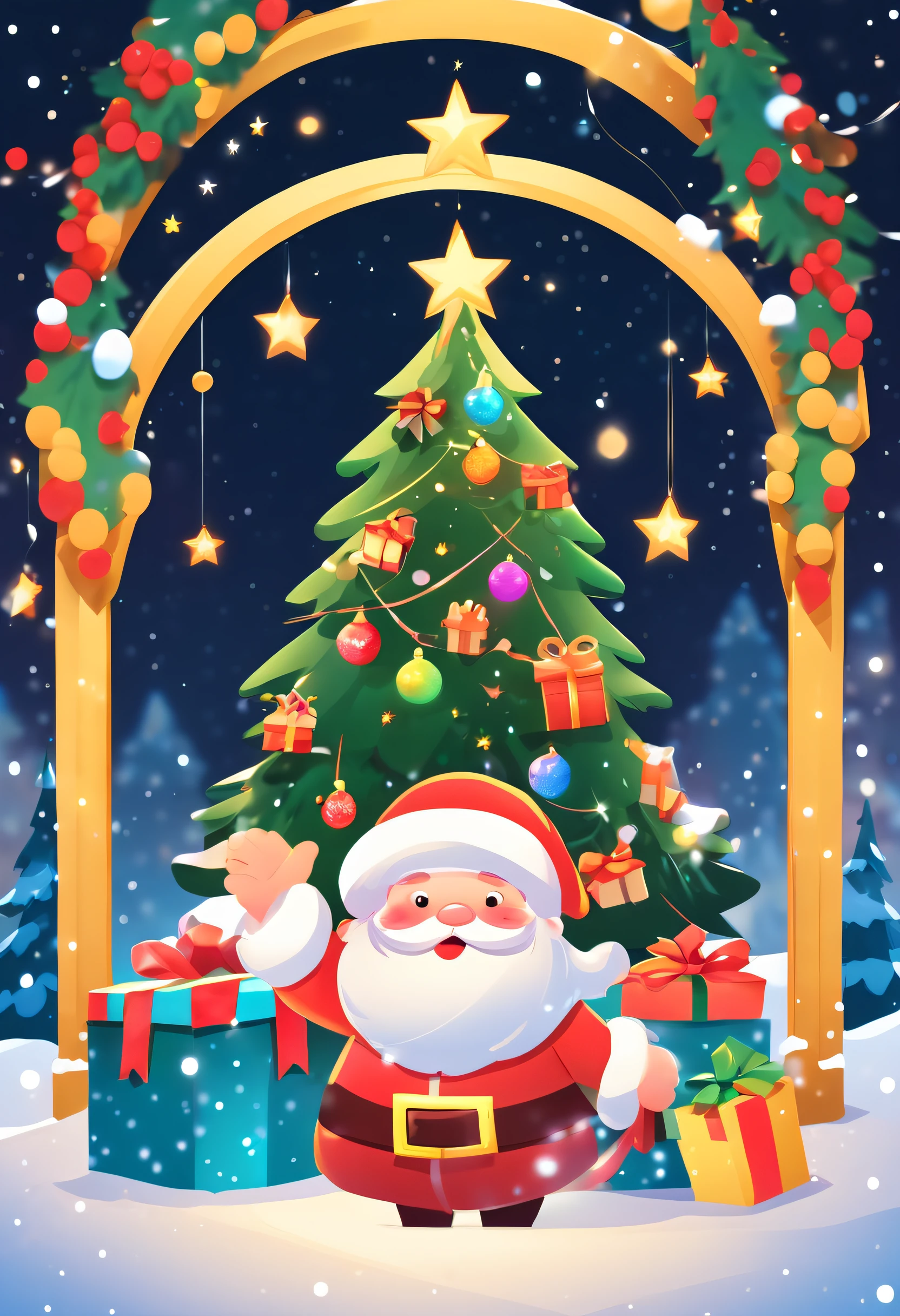 3 Rendering, christmas eve scene, There is a big Christmas tree in the middle of the poster, Decorate with colorful lights, star curtain in sky, and gift box on the snow. Cute and kind Santa Claus holding gifts, warm yellow background and bright night