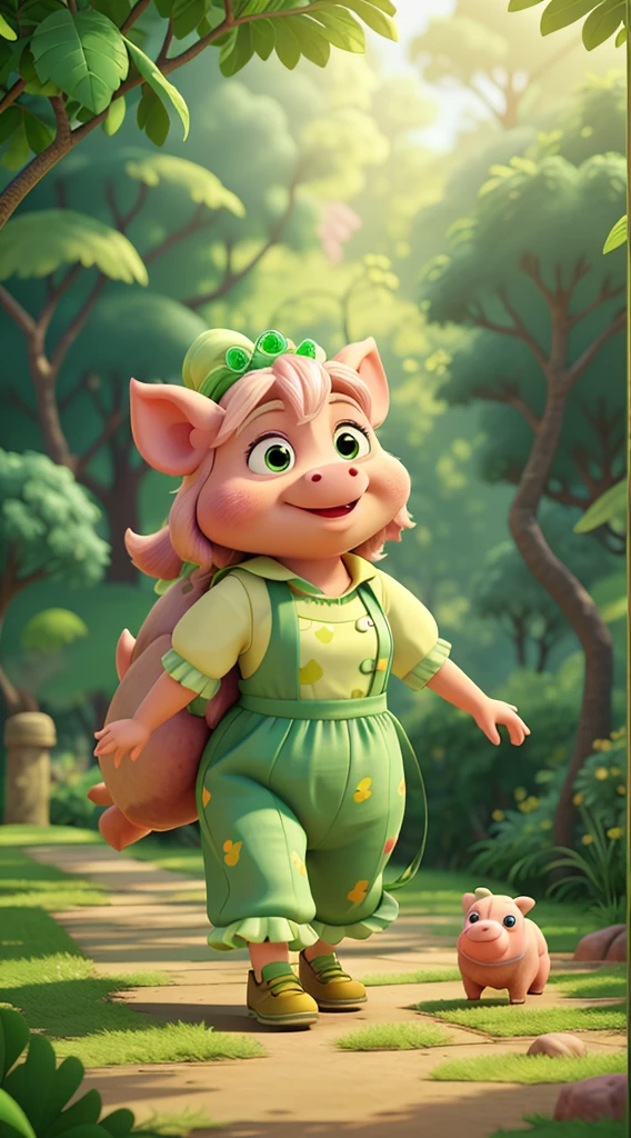 Upright walking pig, Dress with green jumpsuit, Happy, Happy, perfectquality, Clear focus (Clutter - home: 0.8), (tmasterpiece: 1.2) (realist: 1.2) (bokeh) (Better quality) (Delicate skin: 1.3) (Complicated details) (8K) (detailedeyes) (tack sharp focus), (Happy) (3d animemasume) (3D animated characters)