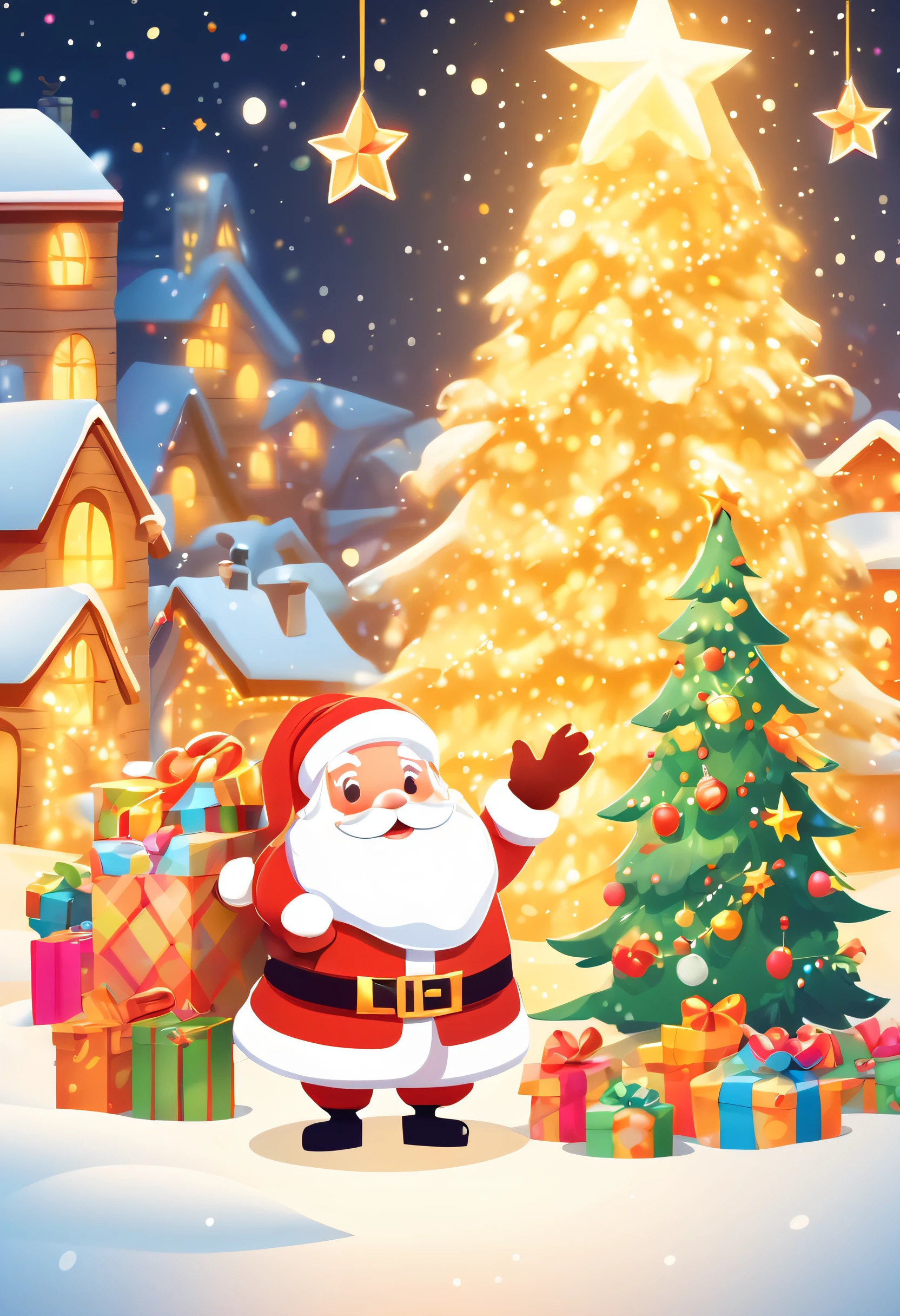 3 Rendering, christmas eve scene, There is a big Christmas tree in the middle of the poster, Decorate with colorful lights, star curtain in sky, and gift box on the snow. Cute and kind Santa Claus holding gifts, warm yellow background and bright night