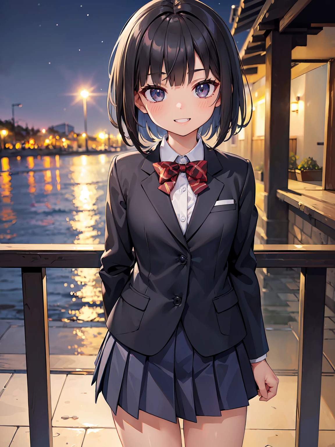 (RAW Photos, Best Quality), (animesque:1.2), (1womanl), Absurd, awardwinning photo, Extreme Detail, very intricate, ((A dark-haired, short-hair)), (The face is small), Beautiful eyes, long eyelashes, Clean double eyelids, slenderbody, ((School Uniforms, blazers, pleatedskirt)), ((Show your teeth and smile)), ((nighttime scene)), (((A hill with a good view))),Showing your back, Turning Pose, The depth of field is shallow, Realistic, Highly detailed, Photography, masutepiece, High quality, High quality, hight resolution, Professional Lighting, (glistning skin:0.9),