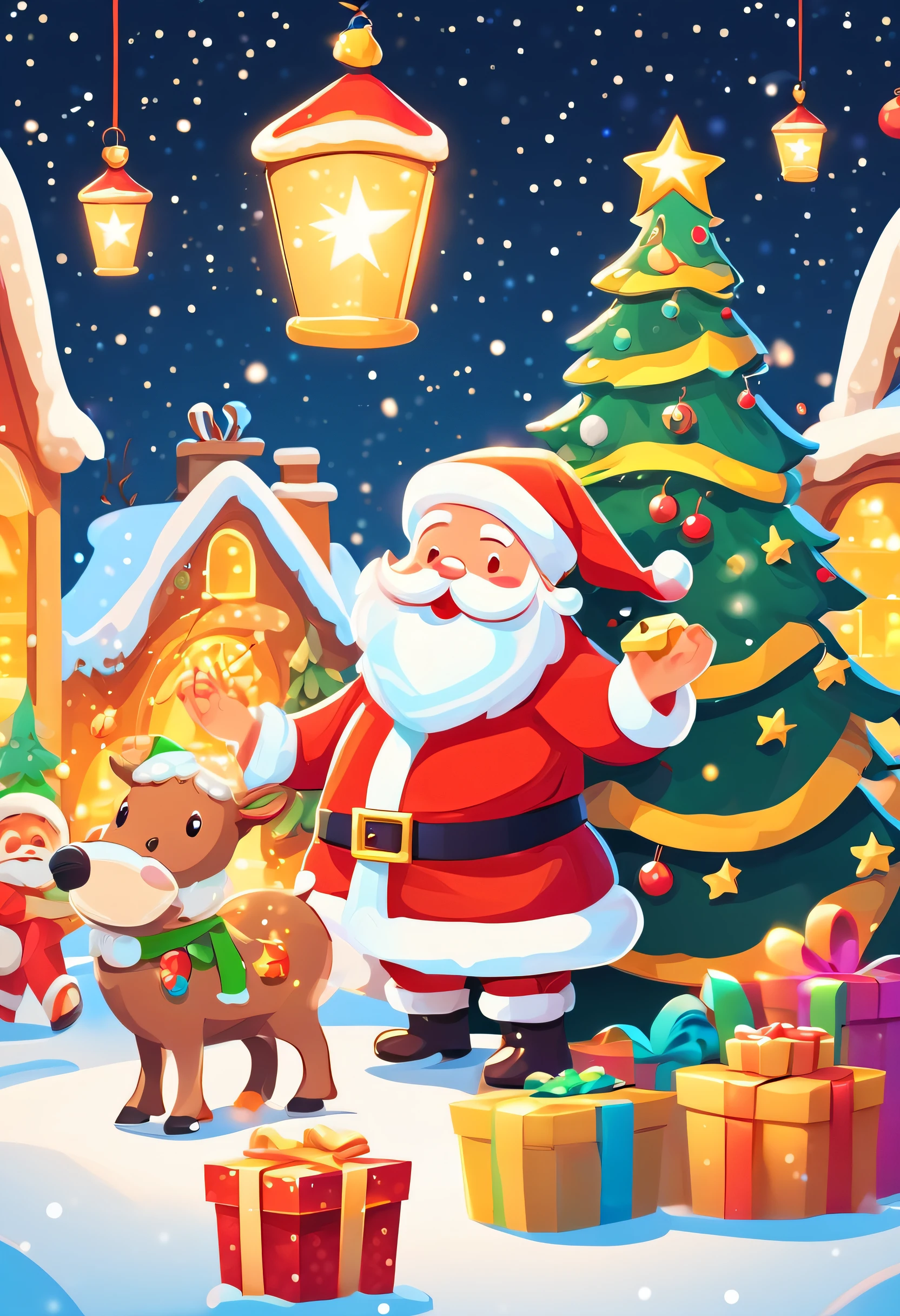 3 Rendering, christmas eve scene, There is a big Christmas tree in the middle of the poster, Decorate with colorful lights, star curtain in sky, and gift box on the snow. Cute and kind Santa Claus holding gifts, warm yellow background and bright night