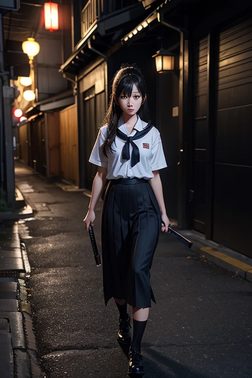 Pretty Japanese female in school uniform with katana in a dark alley, cinematic, 3d render, unreal engine, 32k,--ar 9:16 --niji 5 --style expressive --s 180