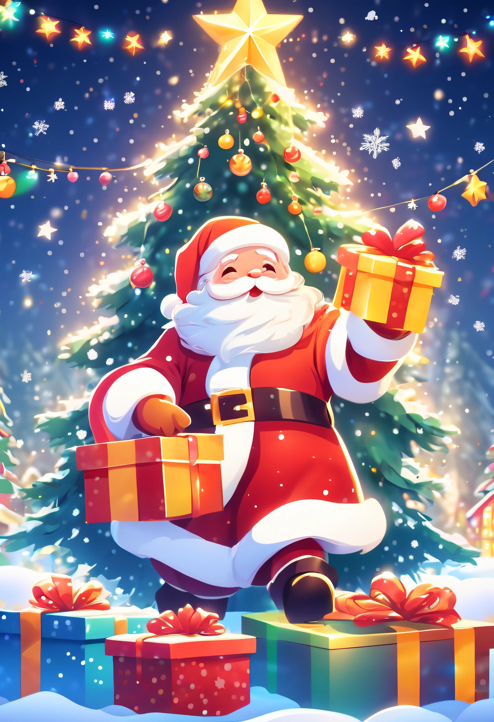 3 Rendering, christmas eve scene, There is a big Christmas tree in the middle of the poster, Decorate with colorful lights, star curtain in sky, and gift box on the snow. Cute and kind Santa Claus holding gifts, warm yellow background and bright night