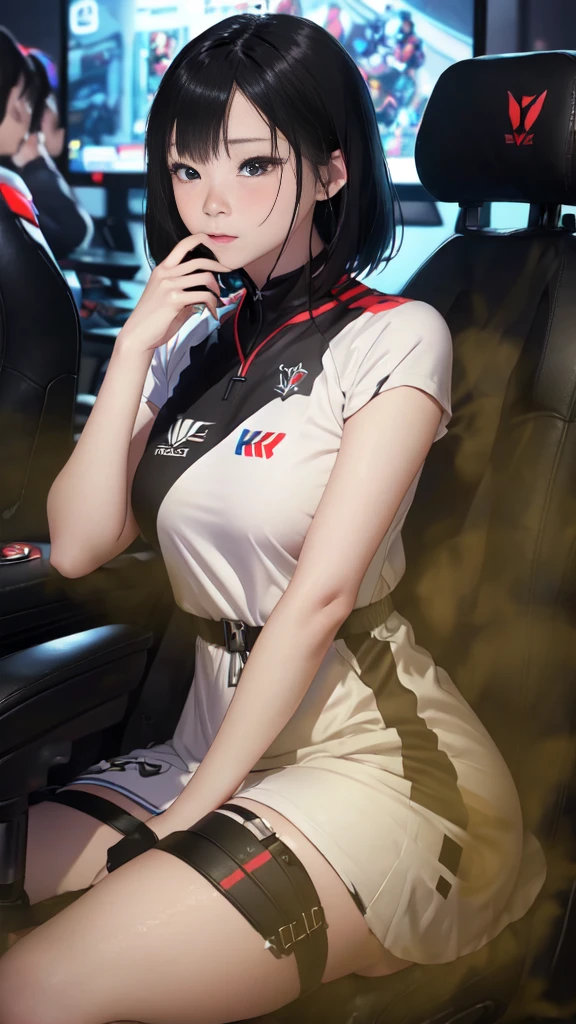 ((velocity)),Attacked by farts, (((Women farting))),(girl farting while seat on seat and playing game on smartphone)),frowned,detailed eye,blushing,velocity,(a female pro player), (wearing a e-sport jersey and dress),(thigh high),(beautiful body shape),(sit facing the screen),(short hair black hair),(Asian woman),(gaming tournament),(masterpiece:1.2、top-quality)、(the Extremely Detailed CG Unity 8K Wallpapers、ultra-detailliert、Best Shadows)、(细致背景)、(The best lighting、extremely delicate and beautiful)、depth of fields、1girl in、report、upward looking gaze、