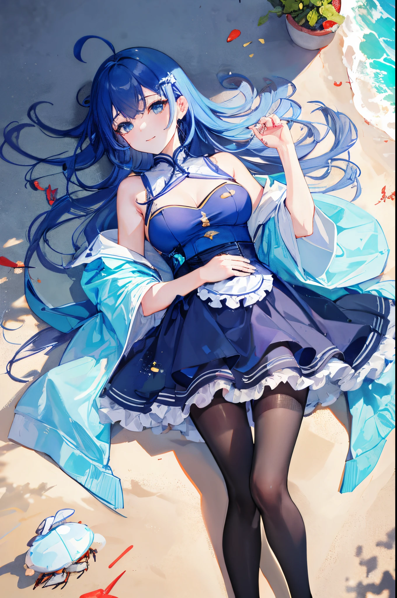 ((Highest quality)), ((masterpiece)), ((Very detailed)), (Very mature),A cute, gentle-looking female high school student with black hair and a height of about 165cm.,A female high school student with a cute smile and small breasts wearing a transparent blue waifus with a cute patterned hood and bare shoulders, A gentle woman with a slightly long vertical face,Small Faced Woman,alone, Cute attitude,(background(bright),Long Hair - Straight,Knee-high socks、A transparent blue veil with a cute pattern and white hood with off-the-shoulder sleeves,White wall、Sitting、Facing the viewer、縁に模様がある壁が1面のbackground