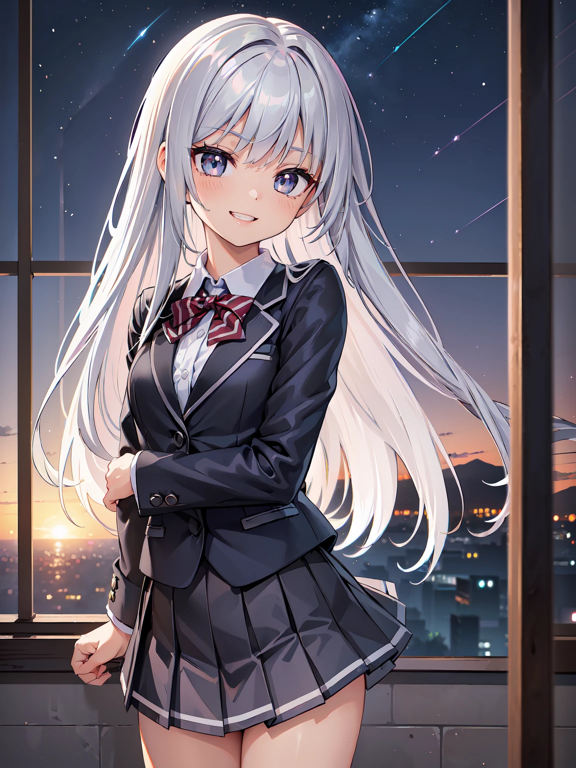 (RAW Photos, Best Quality), (animesque:1.2), (1womanl), Absurd, awardwinning photo, Extreme Detail, very intricate, ((silber hair, Twin-tailed)), (The face is small), Beautiful eyes, long eyelashes, Clean double eyelids, slenderbody, ((School Uniforms, blazers, pleatedskirt)), ((Show your teeth and smile)), ((nighttime scene)), (((A hill with a good view))),Showing your back, Turning Pose, The depth of field is shallow, Realistic, Highly detailed, Photography, masutepiece, High quality, High quality, hight resolution, Professional Lighting, (glistning skin:0.9),