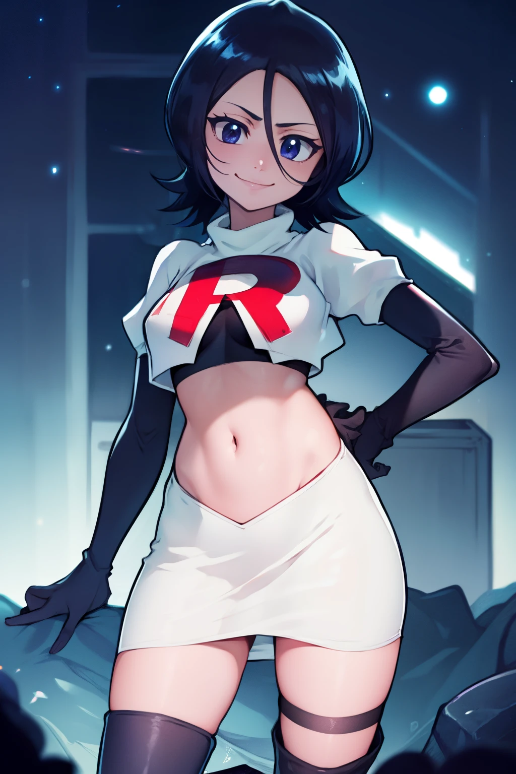 Rukia kuchiki ,team rocket uniform, red letter R, white skirt,white crop top,black thigh-high boots, black elbow gloves, smile, looking at viewer, cowboy shot, sexy pose , night sky background