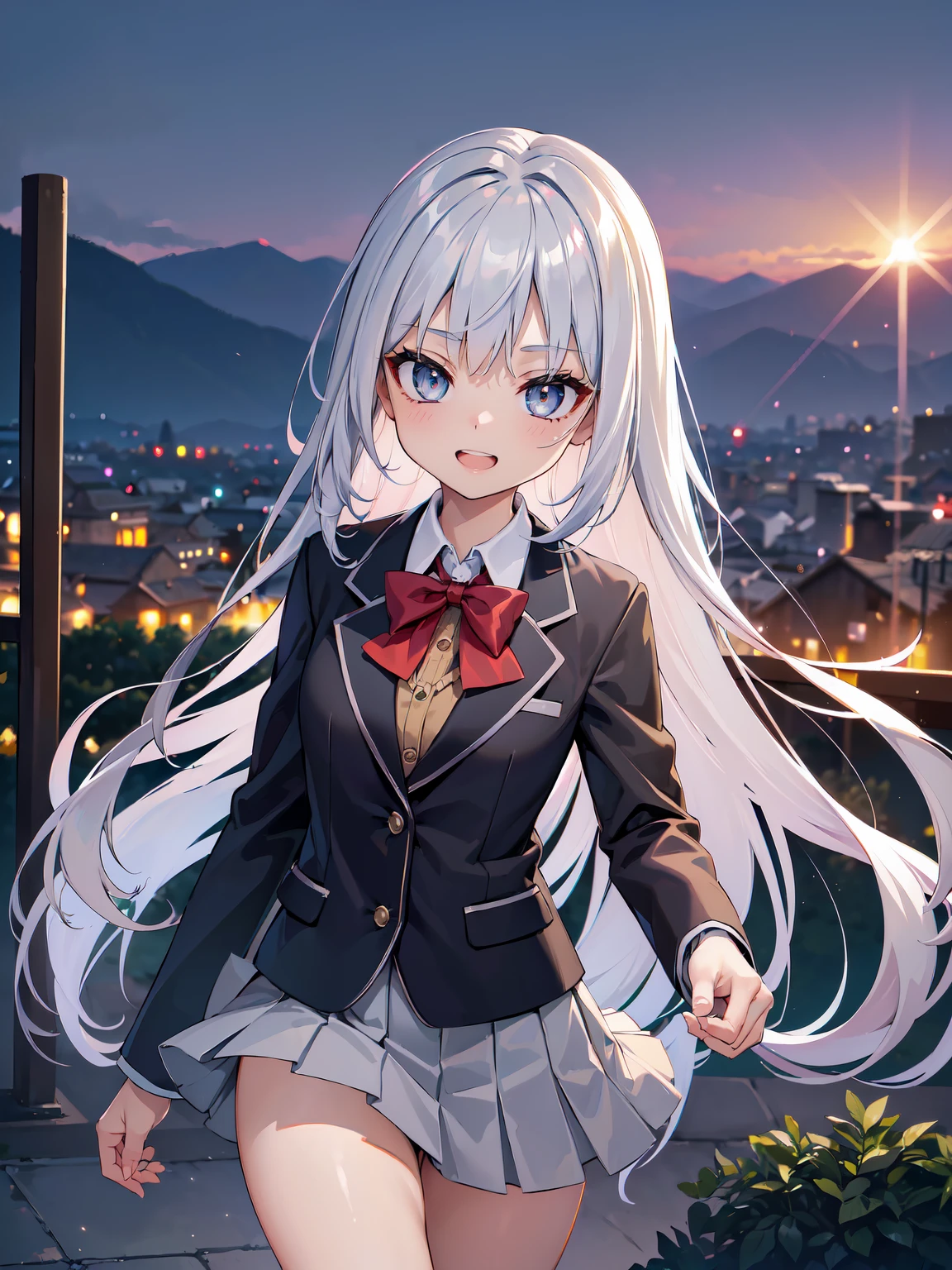 (RAW Photos, Best Quality), (animesque:1.2), (1womanl), Absurd, awardwinning photo, Extreme Detail, very intricate, ((silber hair, Twin-tailed)), (The face is small), Beautiful eyes, long eyelashes, Clean double eyelids, slenderbody, ((School Uniforms, blazers, pleatedskirt)), ((Show your teeth and smile)), ((nighttime scene)), (((A hill with a good view))),Showing your back, Turning Pose, The depth of field is shallow, Realistic, Highly detailed, Photography, masutepiece, High quality, High quality, hight resolution, Professional Lighting, (glistning skin:0.9),