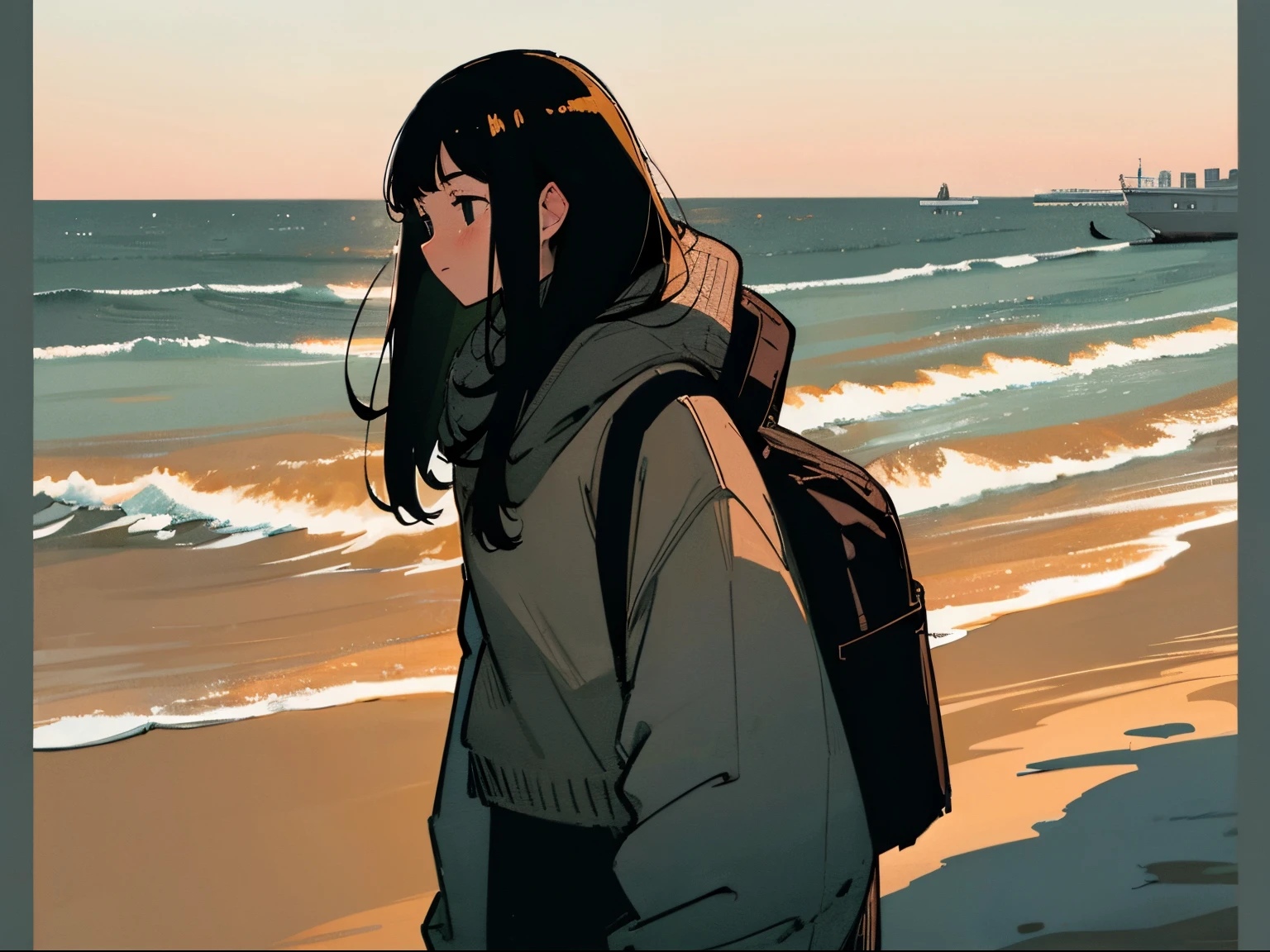 20 year old black haired woman carrying a backpack, Clothes that look warm、Calm、Gentle light、black backgrounds、Coffee、head shot、Lo-Fi Illustration、a relaxing sight、Woman in sweater、looks sleepy、winter seaside、Horizon、the golden hour、Wide sky、Silhouette of a white seagull flying in the sky