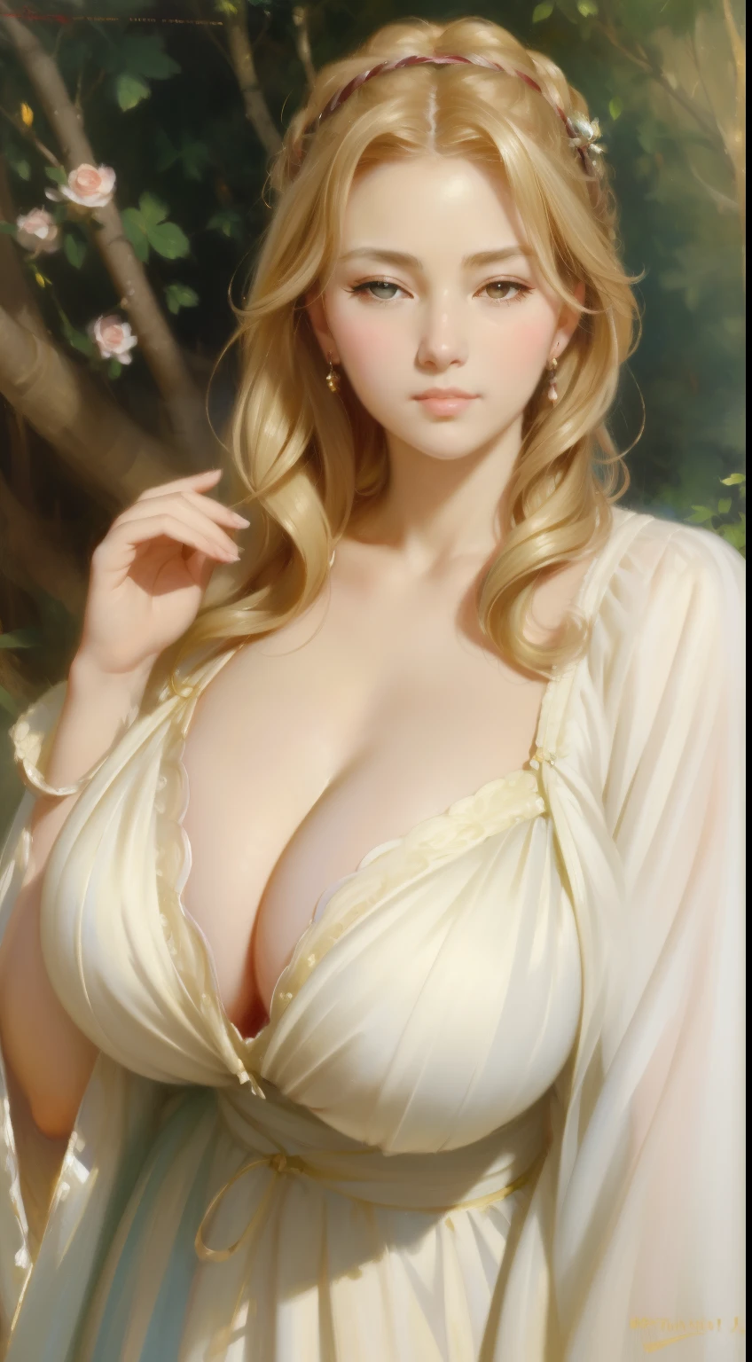 (masterpiece, best quality, ultra high res, beautiful detailed hair detailed face, perfect feminine face), a realistic detailed semirealism painting of a woman with a large breast wearing a white dress, guweiz, seductive anime girl, with a large breasts, artwork in the style of guweiz, beautiful alluring anime woman, with large breasts, guweiz masterpiece, hyperrealistic schoolgirl, big breasts, (huge cleavage:1.2), small curvy , sfw huge breasts, hyper realistic anime, really large bust, by alphonse mucha and william-adolphe bouguereau and greg rutkowski and sakimichan and george kamitani, WLOP, Aztodio, Taejune Kim, Pixiv, Instagram, Artstation, sharp focus