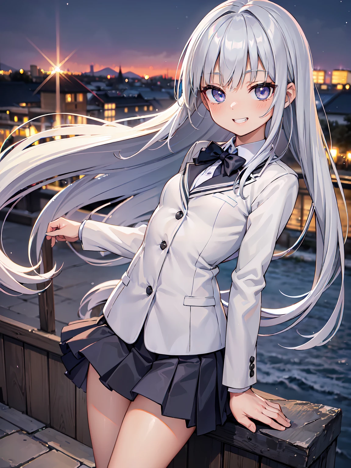(RAW Photos, Best Quality), (animesque:1.2), (1womanl), Absurd, awardwinning photo, Extreme Detail, very intricate, ((silber hair, Twin-tailed)), (The face is small), Beautiful eyes, long eyelashes, Clean double eyelids, slenderbody, ((School Uniforms, blazers, pleatedskirt)), ((Show your teeth and smile)), ((nighttime scene)), (((A hill with a good view))),Showing your back, Turning Pose, The depth of field is shallow, Realistic, Highly detailed, Photography, masutepiece, High quality, High quality, hight resolution, Professional Lighting, (glistning skin:0.9),