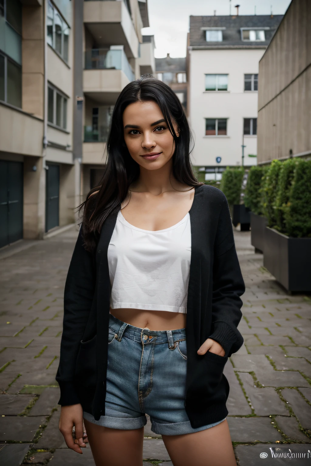 Hyperrealistic and detailed full body photo of Sky Bri, longer black hair, smiling beautiful women, oben ohne, casual clothes, cardigan, hands in packets. oben ohne, standing in a court yard with people around. Perfekte Augen, (Augen-Make-up:1.1), (Hochdetaillierter Skin:1.1), ..........RAW, analoger Stil, scharfer Fokus, 8K UHD, DSLR, High quality, Fujifilm XT3, Korn, awards winning, Meisterwerk