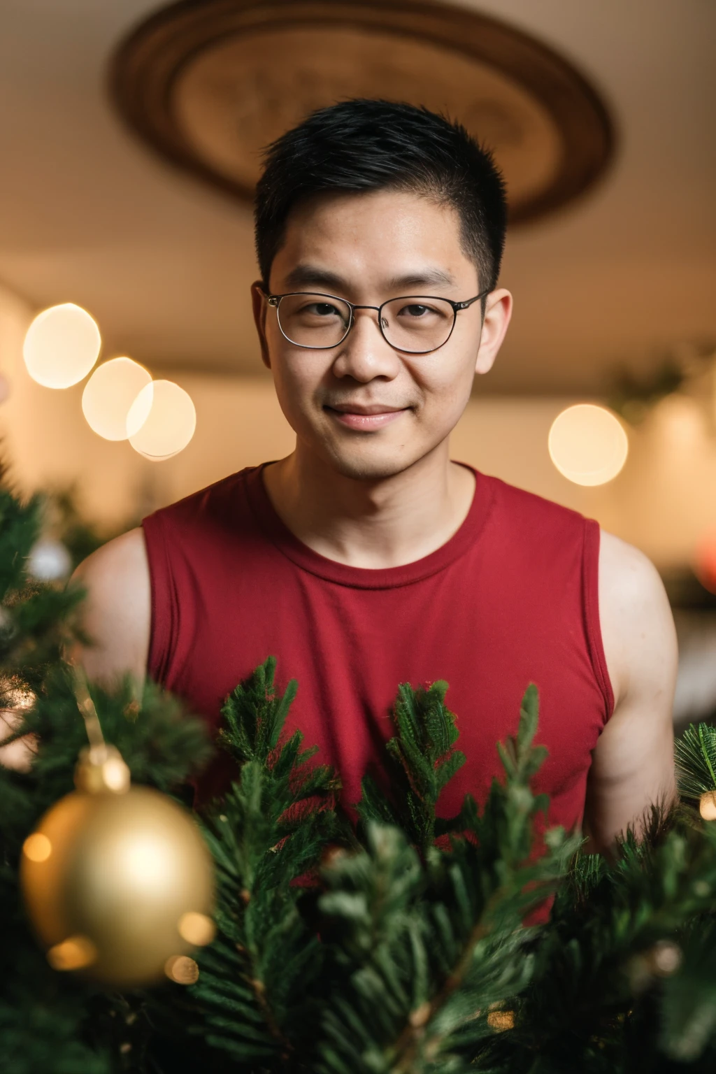 (((Andrew thomas huang, oval face, eyeglasses))), neat muscular, red sleeveless shirt, christmas tree background, bokeh