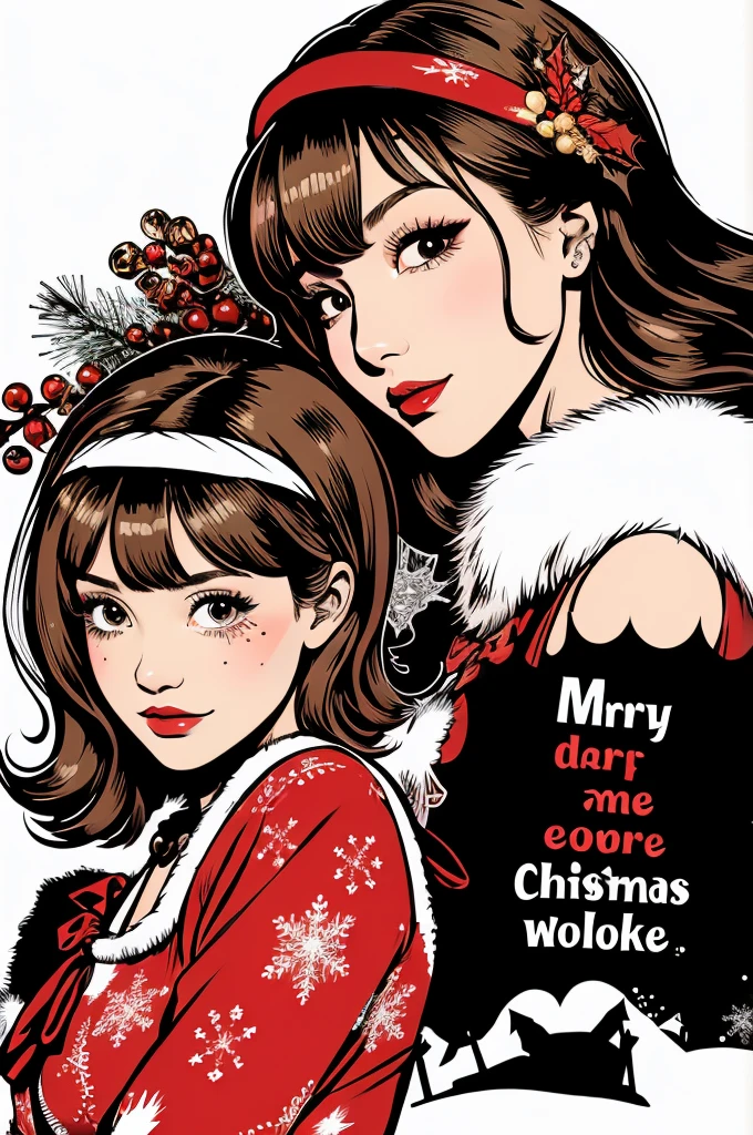 Beautiful illustration homepage illustration style, Dark, high resolucion, hard touch illustration, Strong contour, two girls, christmas style, christmas fashion, 8K, american cartoon style, colorful background, Hiroyuki Nagasaka, aggressive, beautifull face, cool beauty, one-piece, beauty style, Red, battle, hard illustration, blonde hairs, two individuals, Backwards, Christmas,
