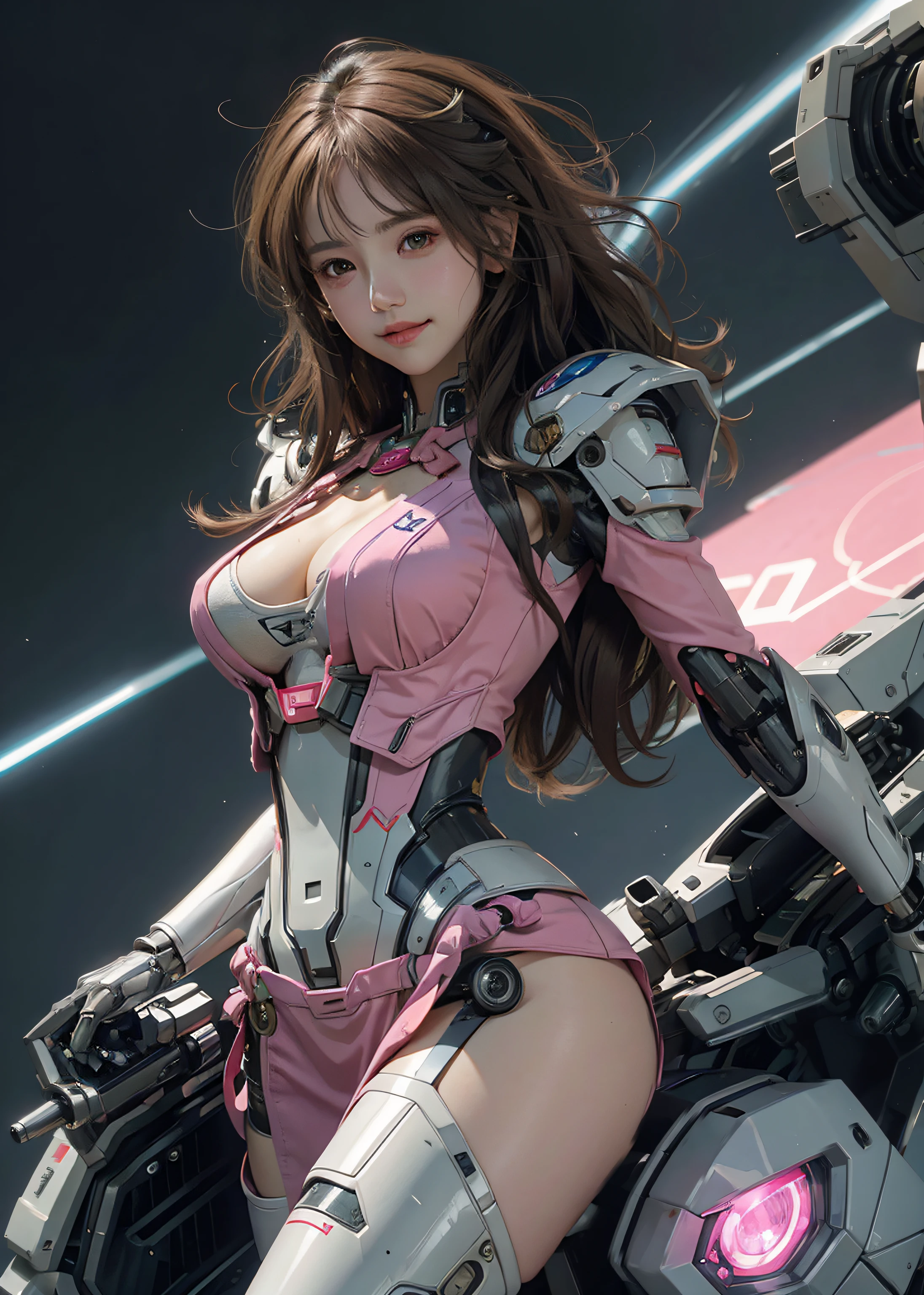 Textured skin, Super Detail, high details, High quality, Best Quality, hight resolution, 1080p, hard disk, Beautiful,(Gundam),beautiful cyborg woman,Mecha Cyborg Girl,Battle Mode,Girl with a Mecha Body, 20yr old, Smile,Pink ribbon, Colossal tits, She wears a futuristic Gundam mecha,Fulll body Shot