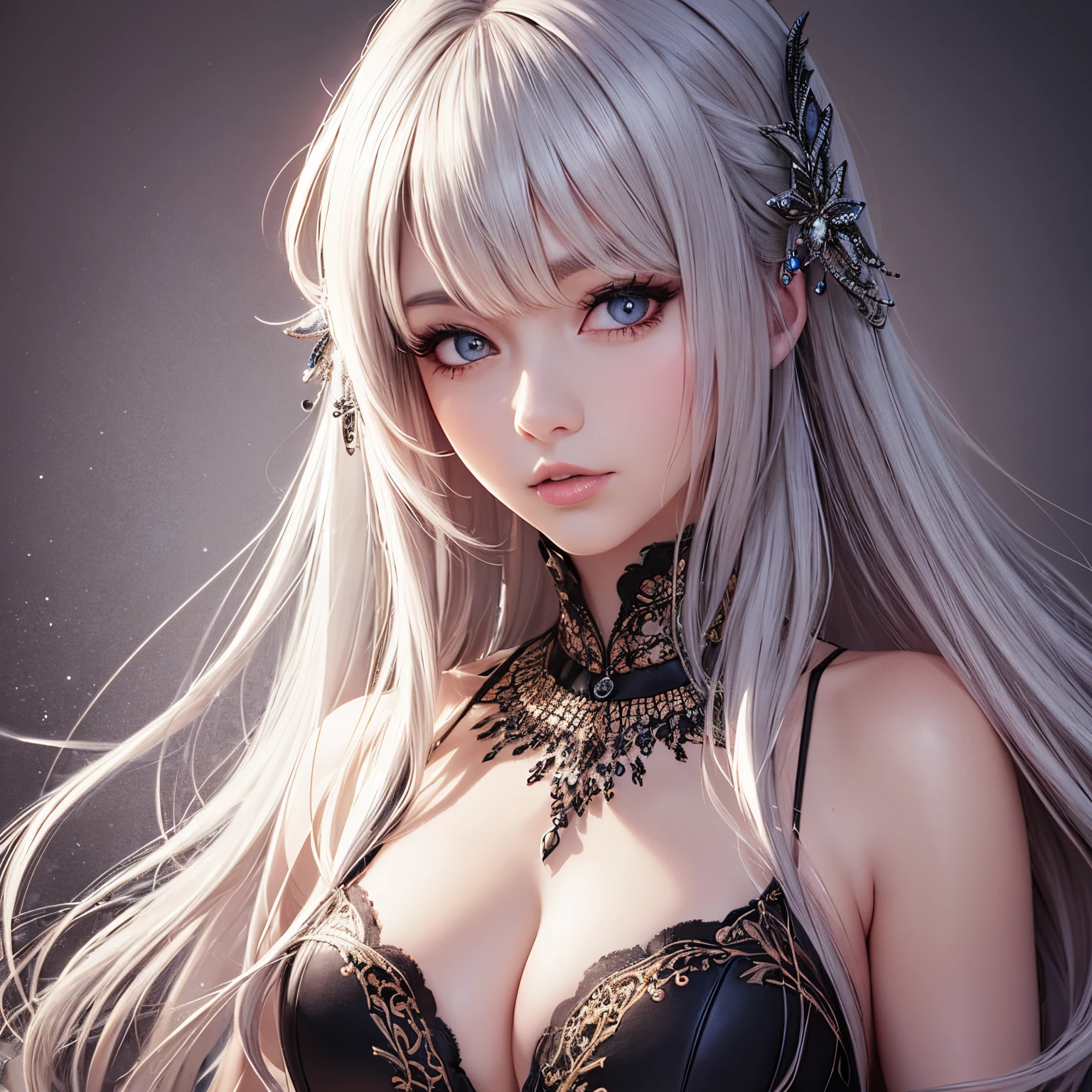 quinella s.a.o realistic, Dark Fantasy, beautiful detailed eyes, silver hair, flowing dress, elegant poses and expressions, *******-***, ethereal background, vibrant colors, fantasy style, soft lighting --auto --s2