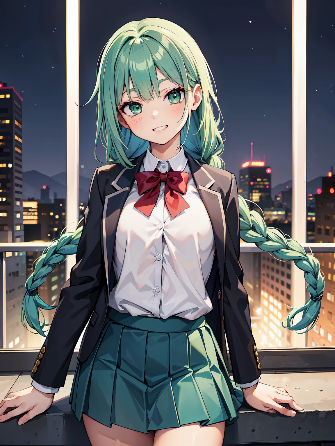 (RAW Photos, Best Quality), (animesque:1.2), (1womanl), Absurd, awardwinning photo, Extreme Detail, very intricate, ((Green hair, Braids)), (The face is small), Beautiful eyes, long eyelashes, Clean double eyelids, slenderbody, ((School Uniforms, blazers, pleatedskirt)), ((Show your teeth and smile)), ((nighttime scene)), (((A hill with a good view)))，Showing your back, Turning Pose, The depth of field is shallow, Realistic, Highly detailed, Photography, masutepiece, High quality, High quality, hight resolution, Professional Lighting, (glistning skin:0.9),