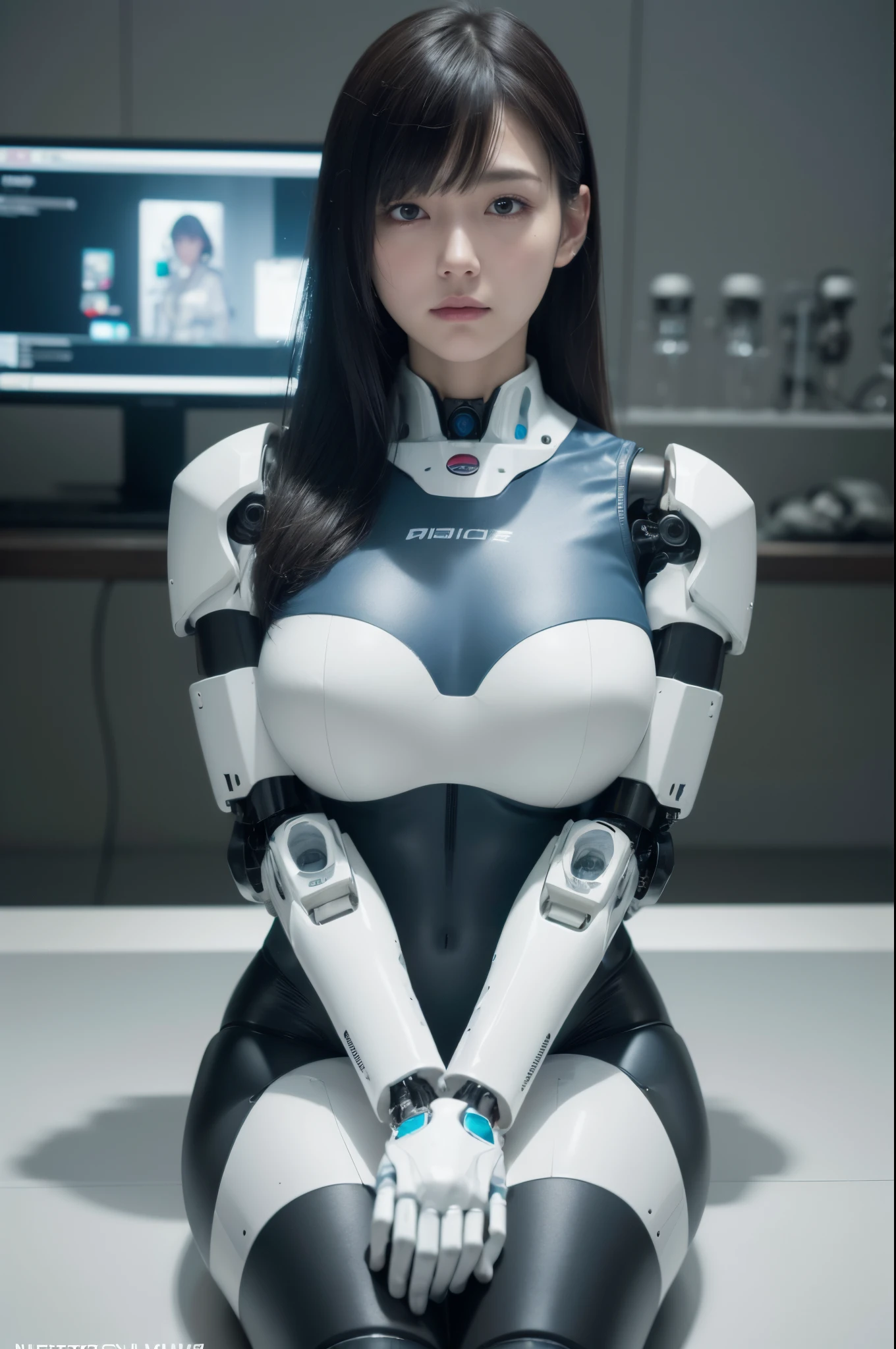 (Photorealistic:1.4), (Raw photo)masutepiece, Best Quality, Extremely detailed, (Photorealistic:1.4), (8K, 4K, Best Quality, hight resolution, 超A high resolution:1.1), 8K Portrait,1girl in, Japanese android gid,Plump , announcer,control panels,android,Droid,Mechanical Hand, ,Robot arms and legs, Black hair,Mechanical body,Blunt bangs,White Robotics Parts,perfect robot woman,Charging spot,Long Tube,A thick cable was connected to his neck.,ceramic body ,Mechanical body, mechanical ear covers,android,robot humanoid,Slightly Chubby,pantiy,complete eyes,Perfect machine body,White robot body,The laboratory of the future,android factory,mechanical ear covers,White and light blue uniform,light blue accent costume,