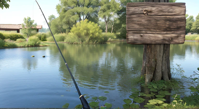 fishing equipment in a fishing pond like real picture, text like real picture