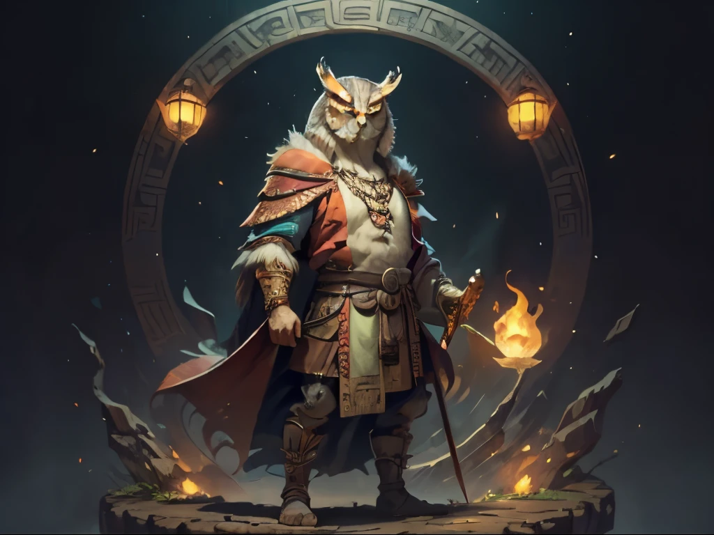 A man with a scepter stands owl,Toba,Wearing Aztec style clothes,ogre