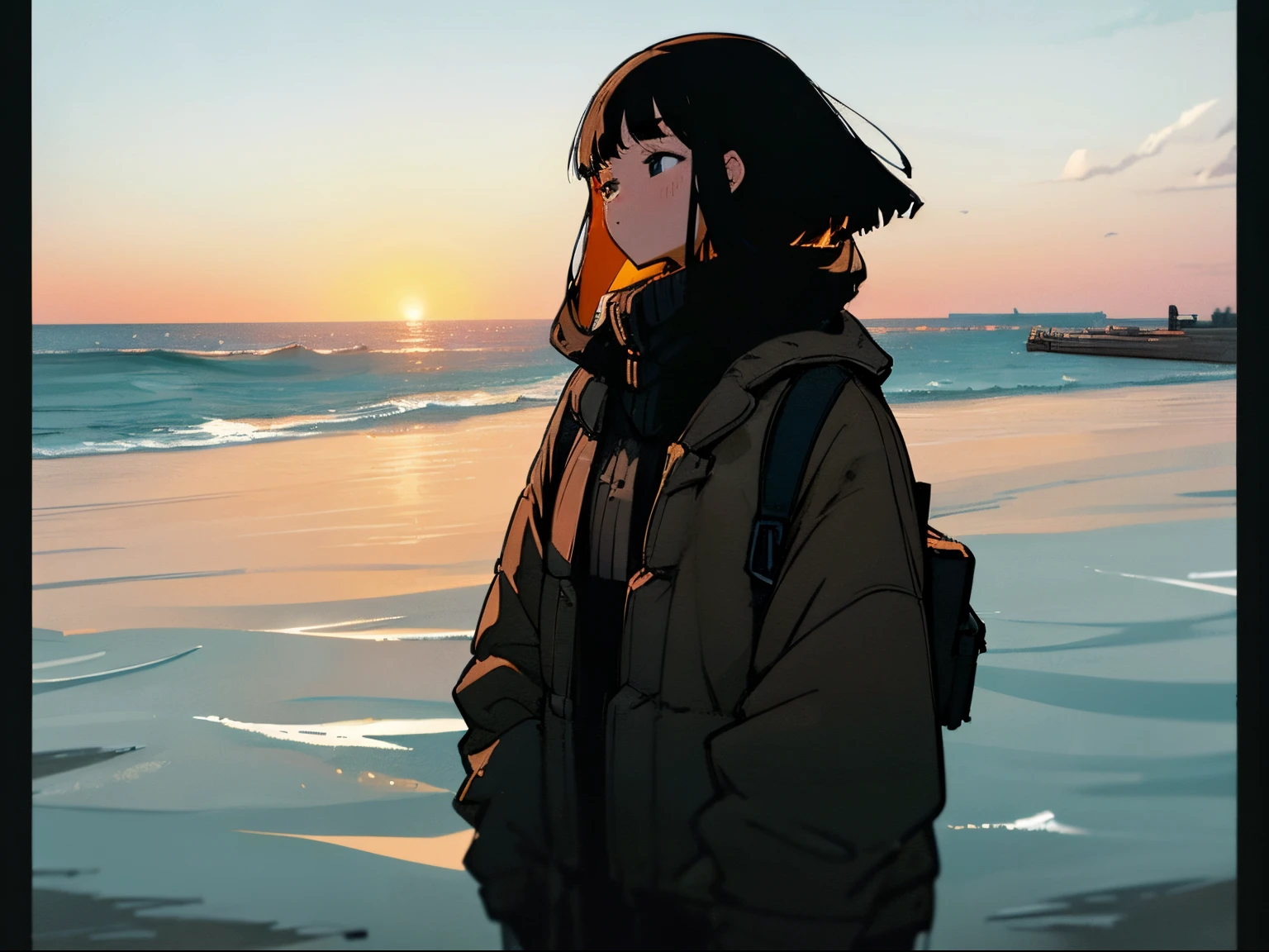 20 year old black haired woman carrying a backpack, Clothes that look warm、Calm、Gentle light、black backgrounds、Coffee、head shot、Lo-Fi Illustration、a relaxing sight、Woman in sweater、looks sleepy、winter seaside、Horizon、the golden hour、Wide sky、Silhouette of a white seagull flying in the sky、Telephone pole on the water surface