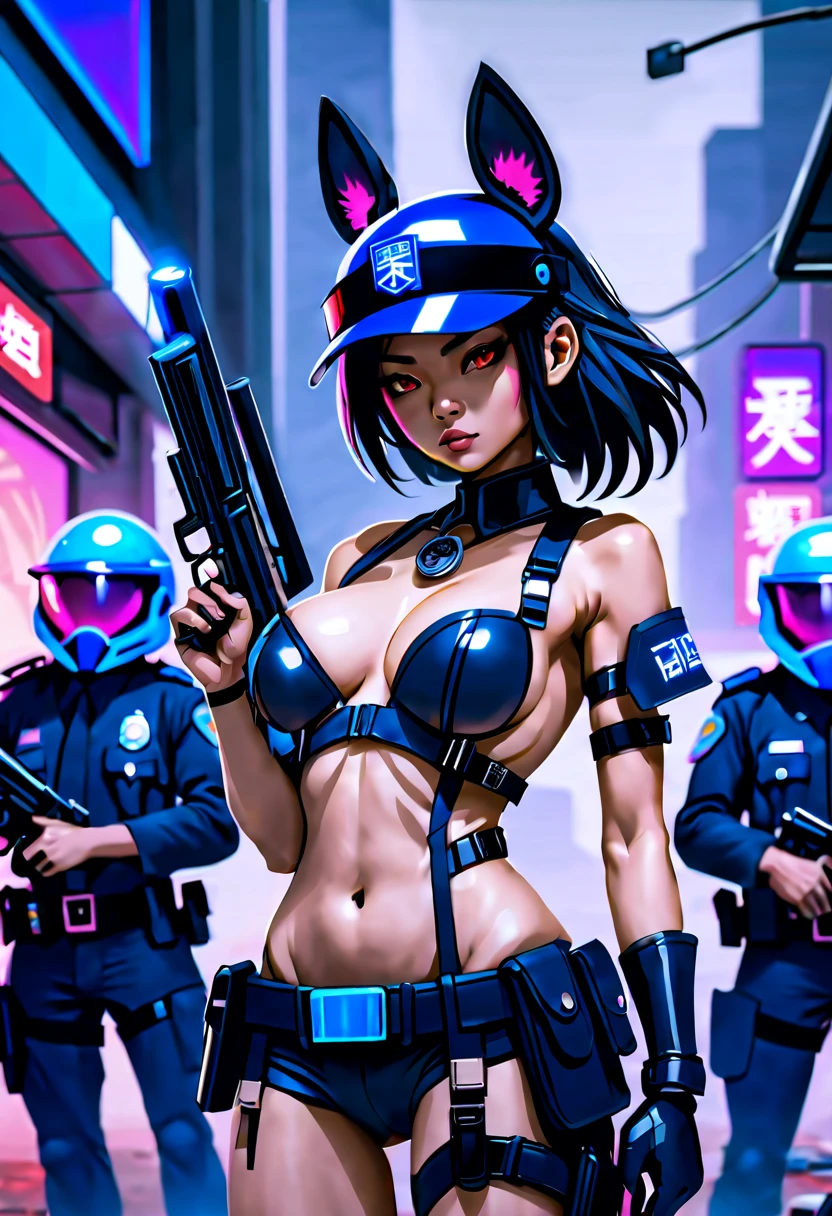 sci-fi city riot with humanoid aliens, beautiful Asian cyberpunk girl wearing a revealing police riot uniform holding a baton, nude, topless, thong, jacket, handcuffs, pistol in holster, police riot helmet