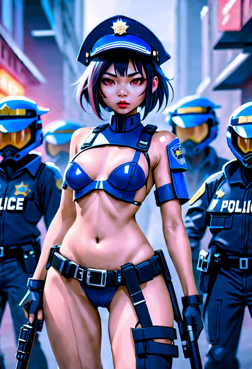 sci-fi city riot with humanoid aliens, beautiful Asian cyberpunk girl wearing a revealing police riot uniform holding a baton, nude, topless, thong, jacket, handcuffs, pistol in holster, police riot helmet