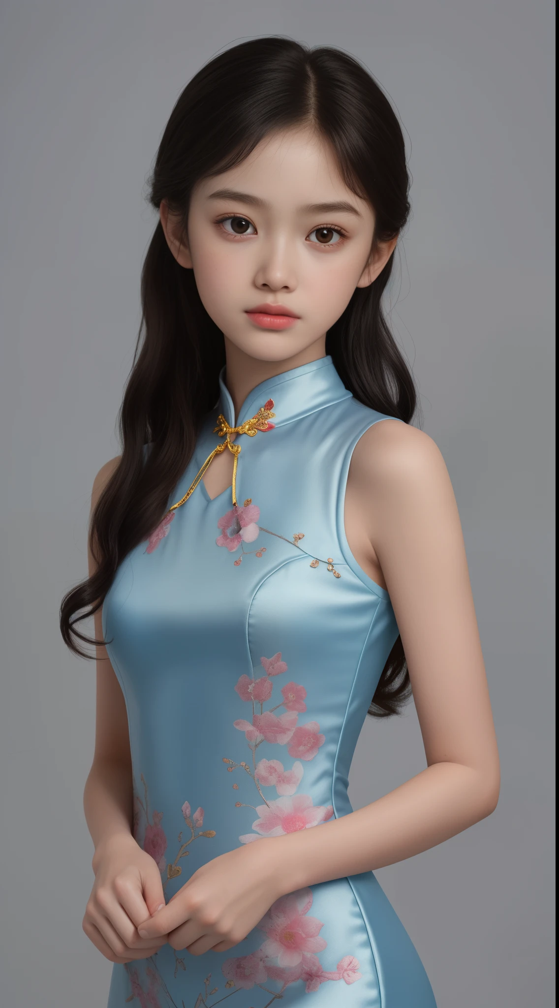 Best quality, hyper-high detail，overlookull body like，9year old girl，delicated face，a baby face，Childish face，Curly long hair，hair pin，hair pin，Nice face，skin reflections，Red cheongsam，Slim figure，the shy，Shy，Smaller bust，cropped shoulders，Optimal body curves，high split ends，slender smooth legs