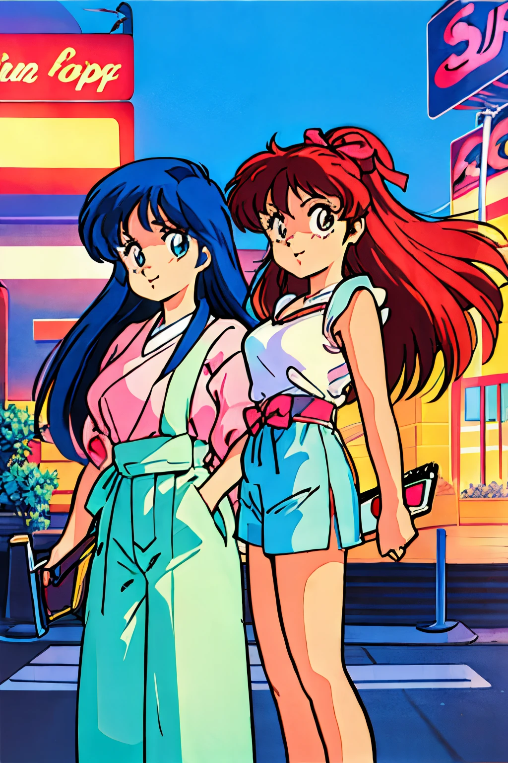 (full color,high resolution,ultra-detailed,realistic)80's Japanese anime,city pop,(((2 girls))): Pretty girls with colorful hair in an upper body shot, dressed in vibrant 80's fashion, gazing at each other with admiration and affection. The anime-style artwork is meticulously detailed, with a focus on their expressive eyes and glossy lips. The girls' hair flows gracefully, adorned with bows and ribbons. The background depicts a bustling cityscape reminiscent of Tokyo, bathed in neon lights and filled with retro elements like arcades and shopping districts. The atmosphere exudes the nostalgic and energetic vibes of 80's Japanese pop culture. The animation style is crisp and vivid, using rich colors and dynamic shading to bring out every vibrant detail. The artwork evokes a sense of joy and charm, capturing the spirit of the era in a visually stunning manner. (filesize: large)